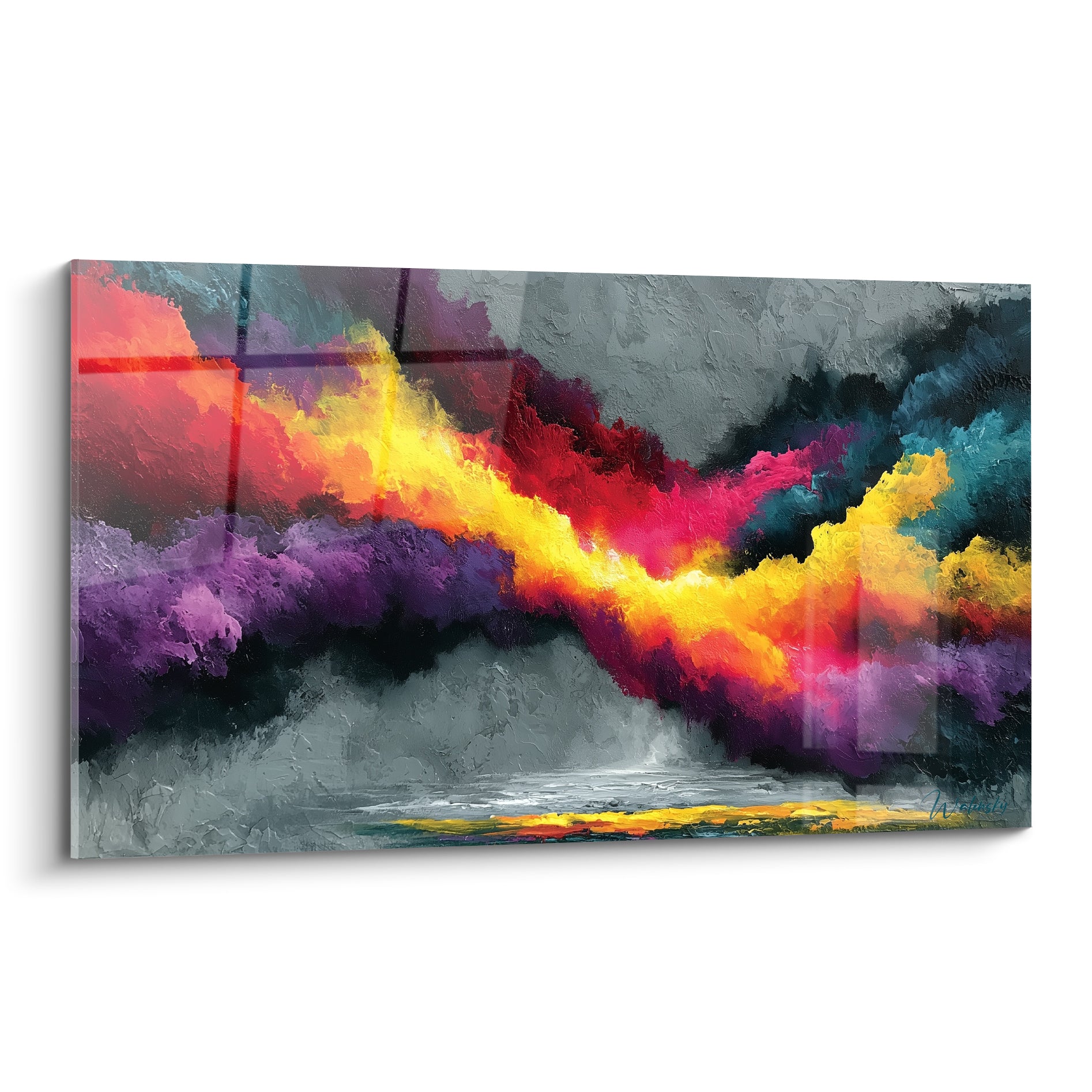 Nuages abstraits anthracite et dorés traversés d'un éclat rouge carmin, style Peinture abstrait texturé