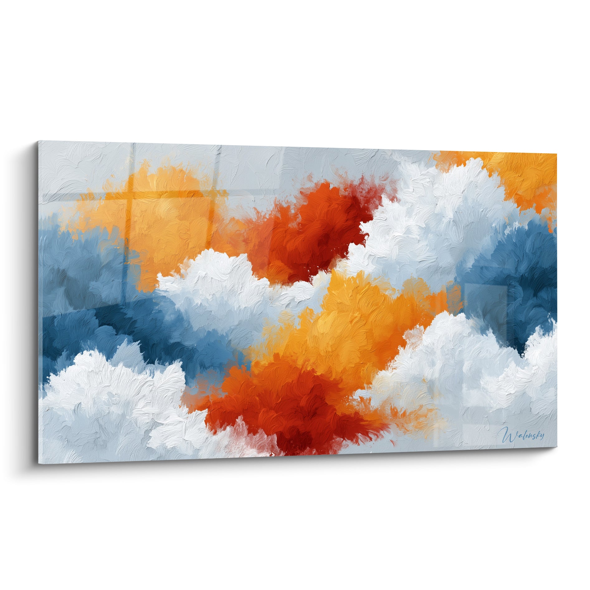 Nuages abstraits bleu marine et orange incandescent aux empâtements épais, style Peinture abstrait