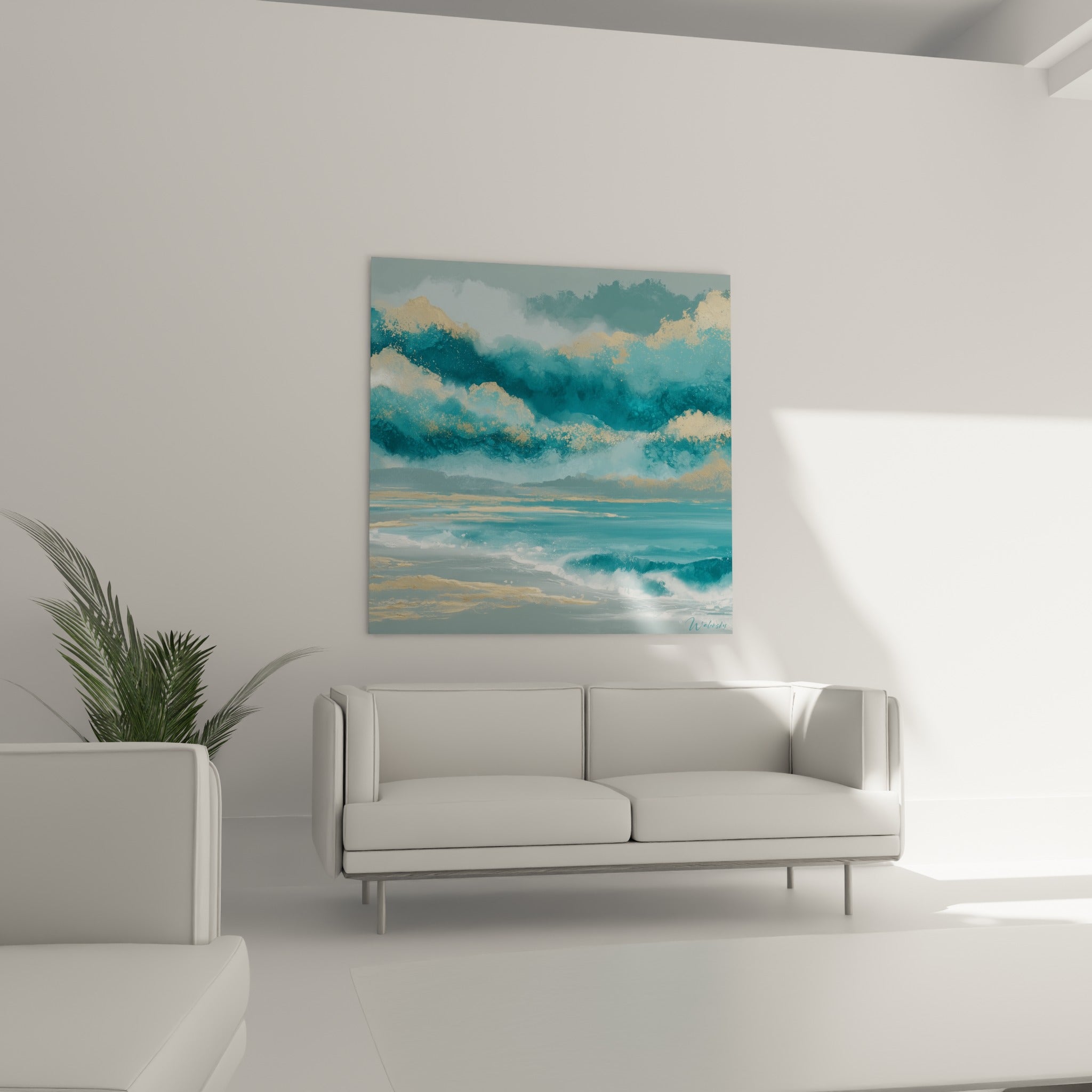Nuages de vagues bleu marine traversés d'éclats dorés, disposés au-dessus d'un canapé dans un salon lumineux