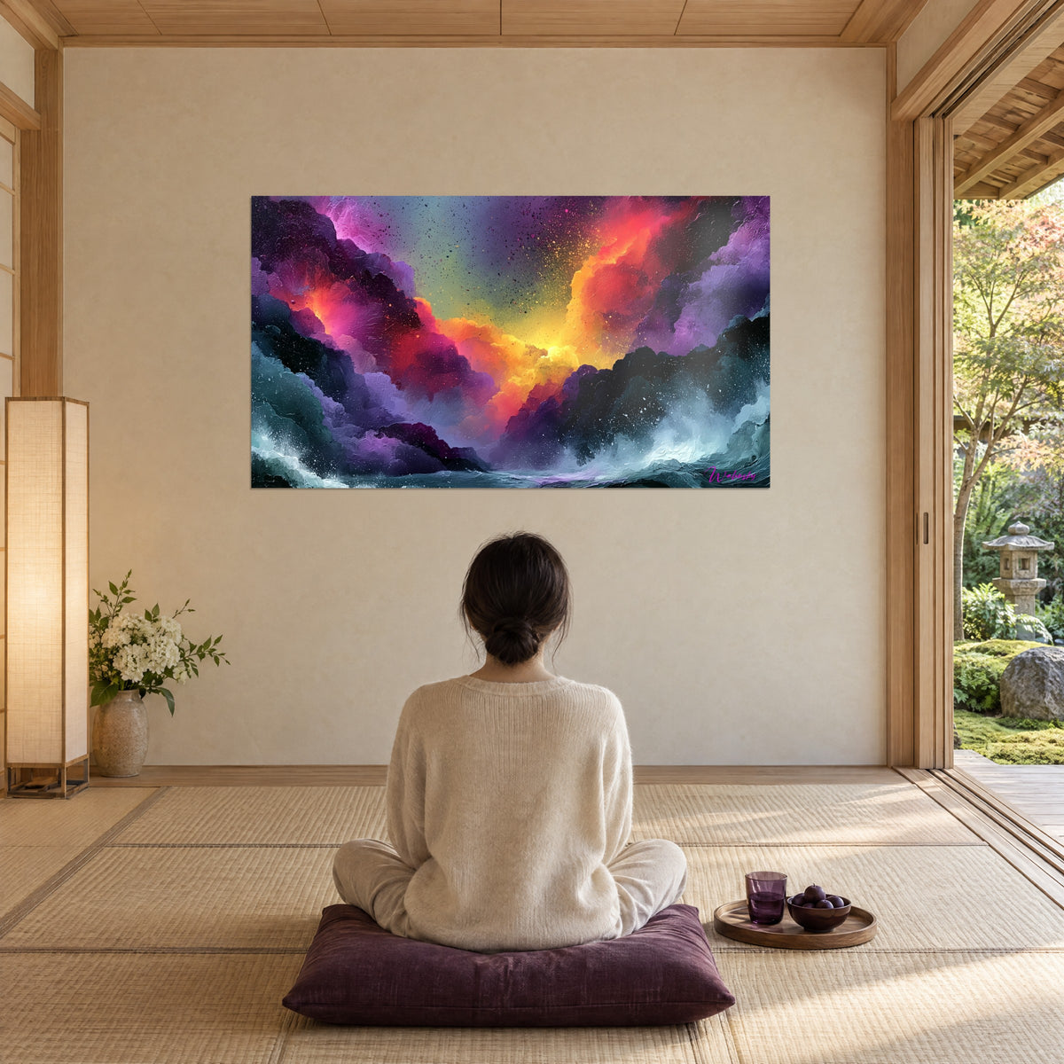 Cuadro tormenta luminosa en pintura gruesa, núcleo dorado, nubes moradas y rojas, mar verde espumoso, mujer de espaldas sentada sobre un cojín ciruela