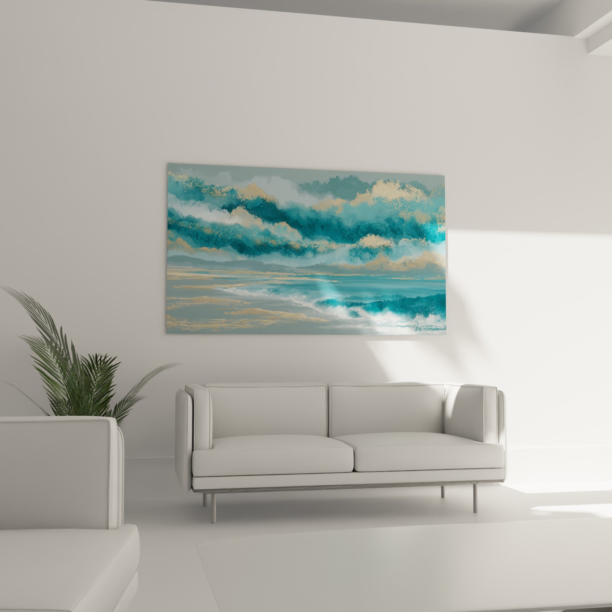 Nuages turquoise et reflets dorés, tableau style Peinture abstrait au-dessus d'un canapé dans un salon lumineux