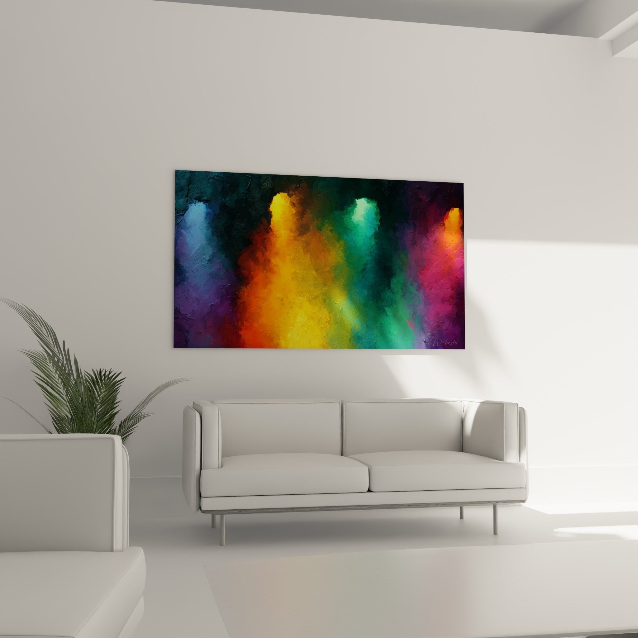 Nuances orangées et émeraude du tableau style Peinture abstrait au-dessus d'un canapé dans un salon lumineux