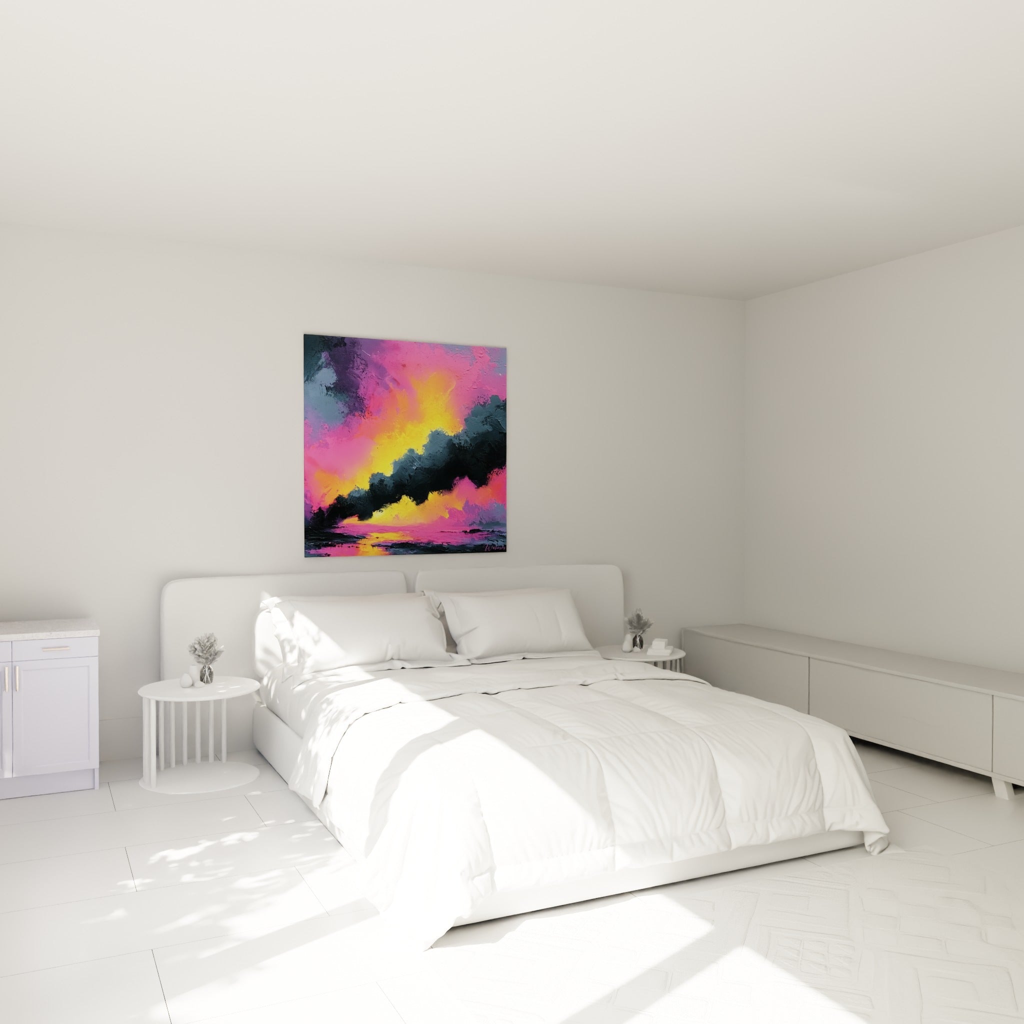 Embrasement rose et orangé sur toile abstraite, accroché au-dessus d'un lit dans une chambre claire