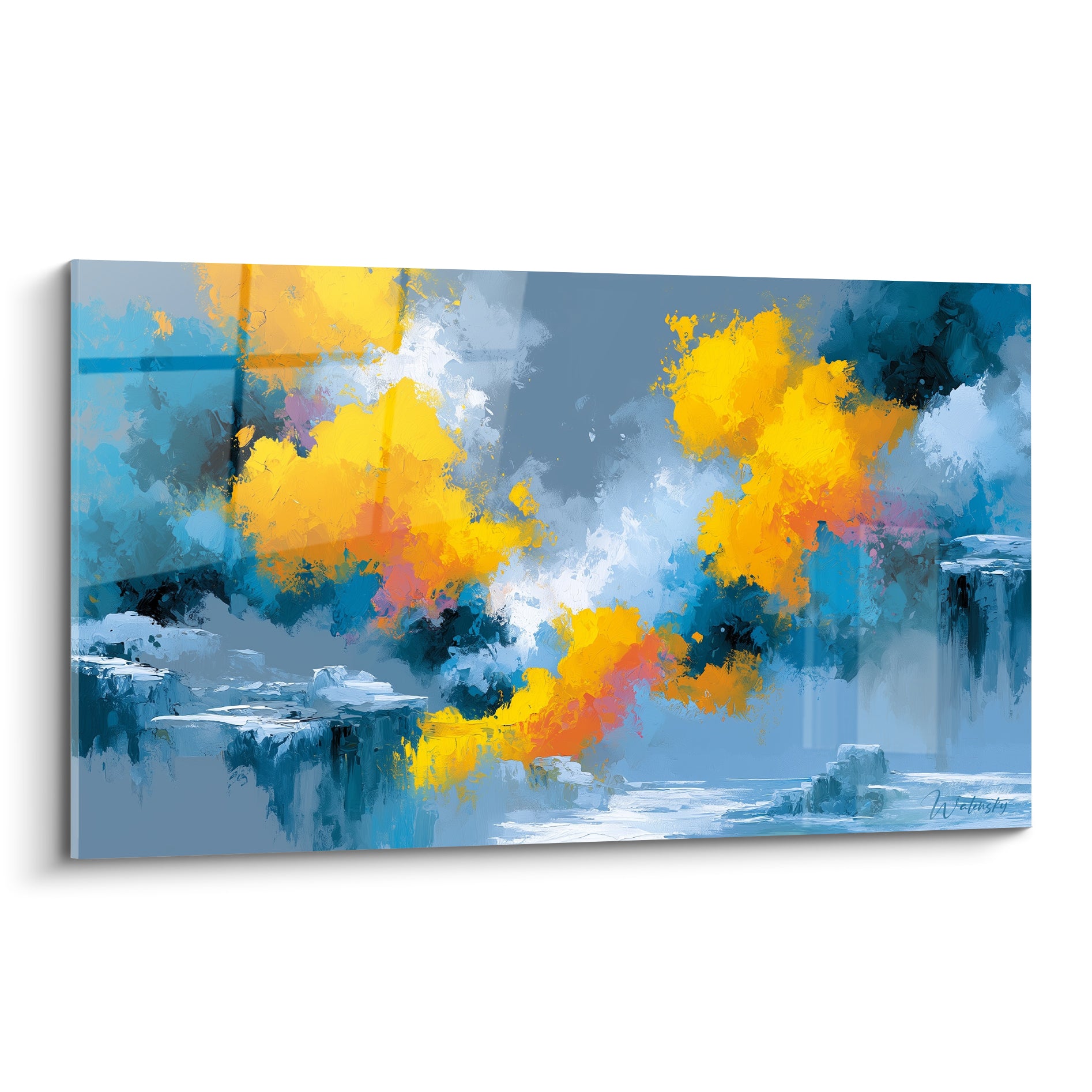 Nuées bleu anthracite et jaune éclatant traversées de touches orangées, style Peinture abstrait