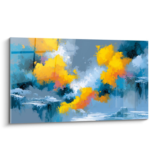 Nuées bleu anthracite et jaune éclatant traversées de touches orangées, style Peinture abstrait