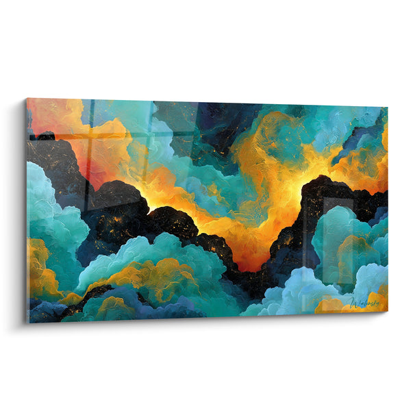 Tableau Nuées turquoise et dorées embrasées - Brasier céleste - Edition style Peinture abstrait