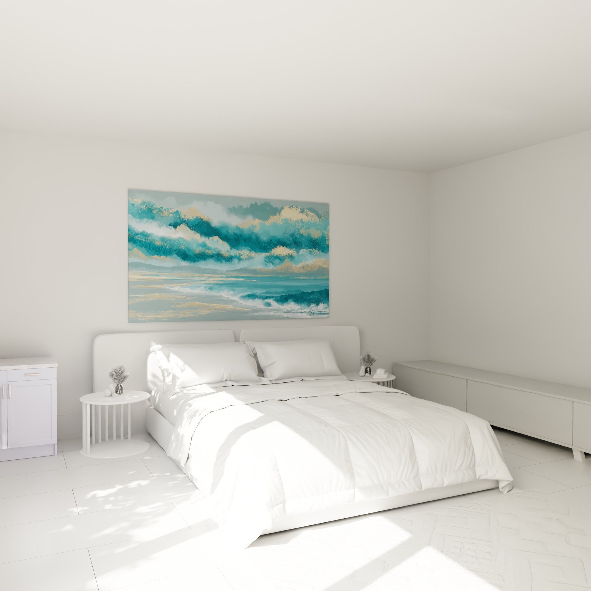 Océan bleu sarcelle et touches dorées, tableau style Peinture abstrait au-dessus d'un lit dans une chambre claire