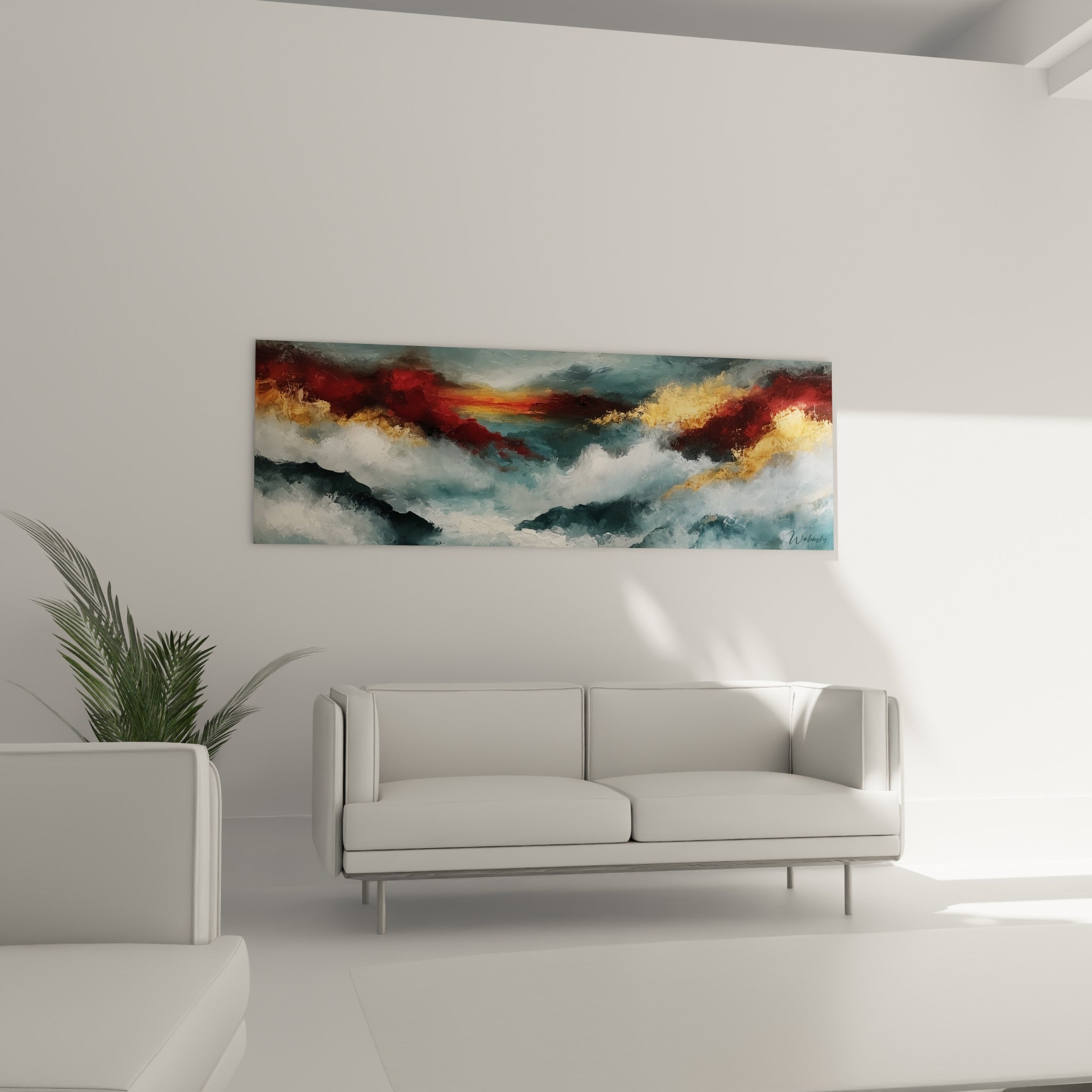 Vagues tumultueuses en bleu anthracite et doré, style Peinture abstrait, au-dessus d'un canapé dans un salon lumineux