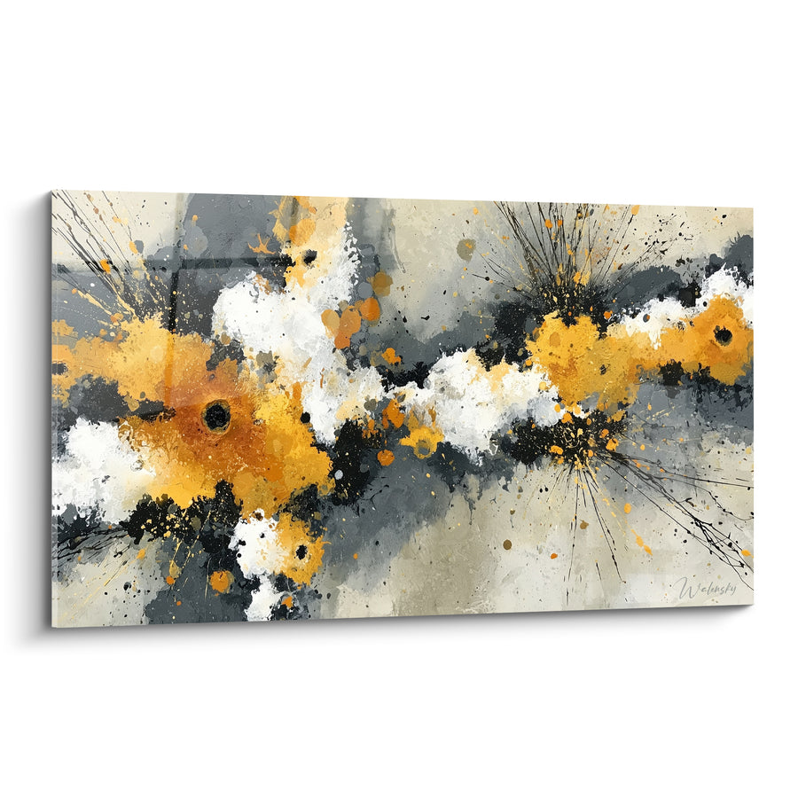Tableau Éclaboussures orange et gris en diagonale filante - Traînées d'encre noire - Edition style Peinture abstrait