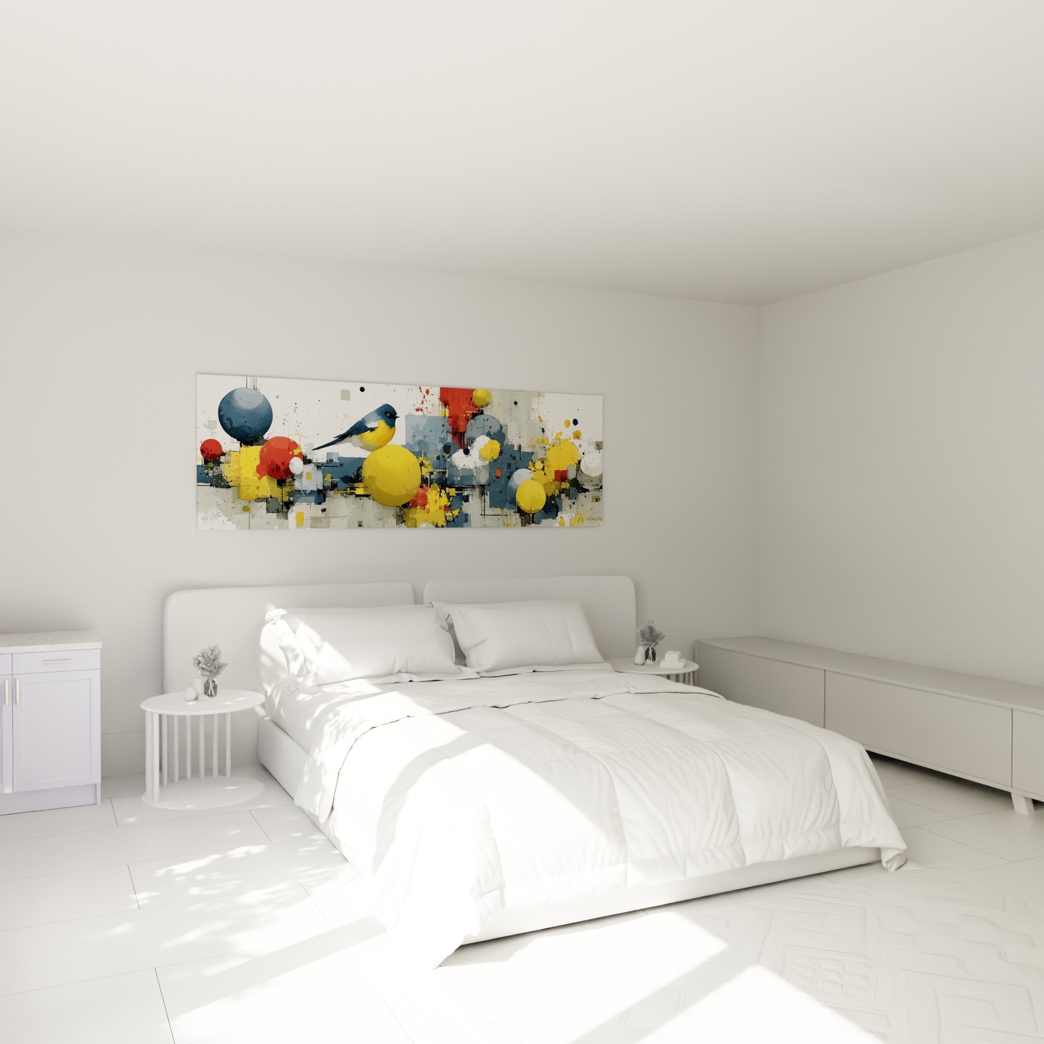Sphères jaunes et bleu marine entourant une mésange, au-dessus d'un lit dans une chambre claire