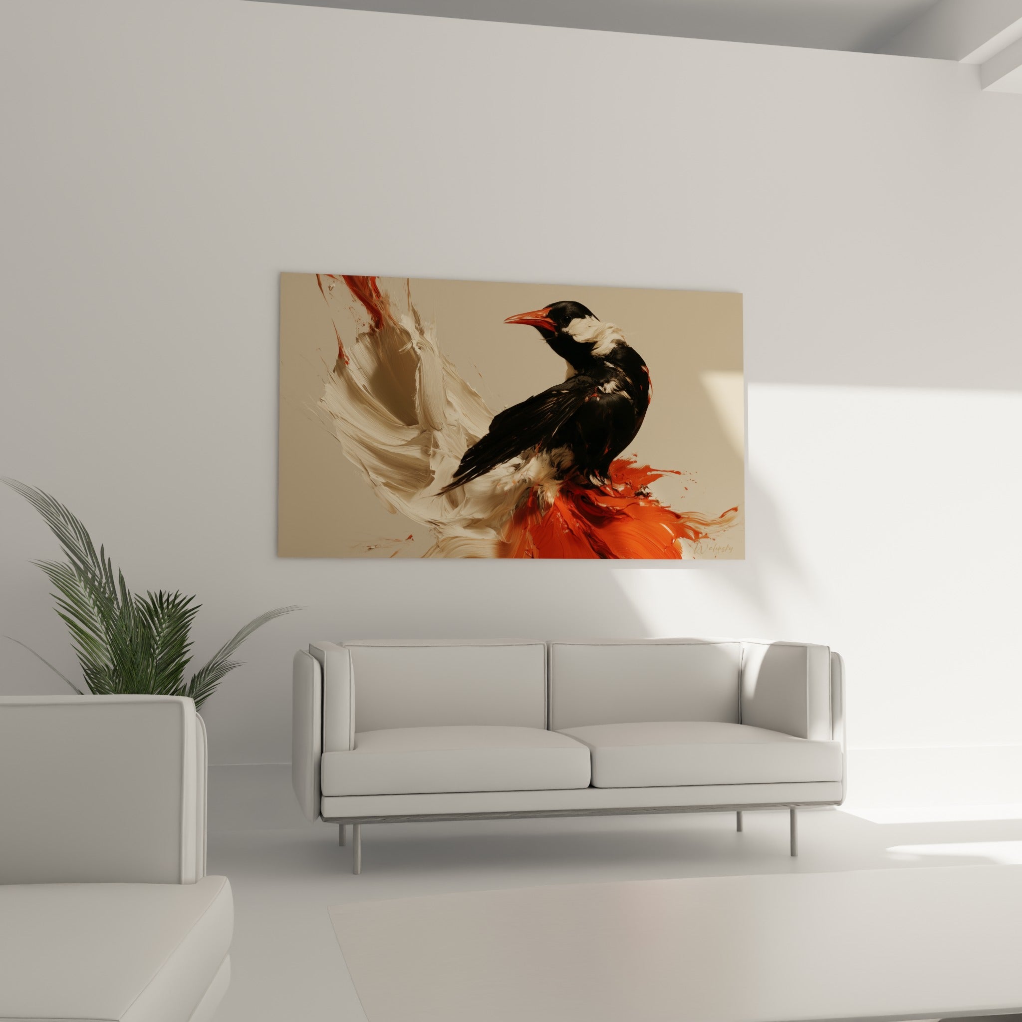 Silhouette de l'oiseau noir et crème, style Peinture abstrait, au-dessus d'un canapé dans un salon lumineux