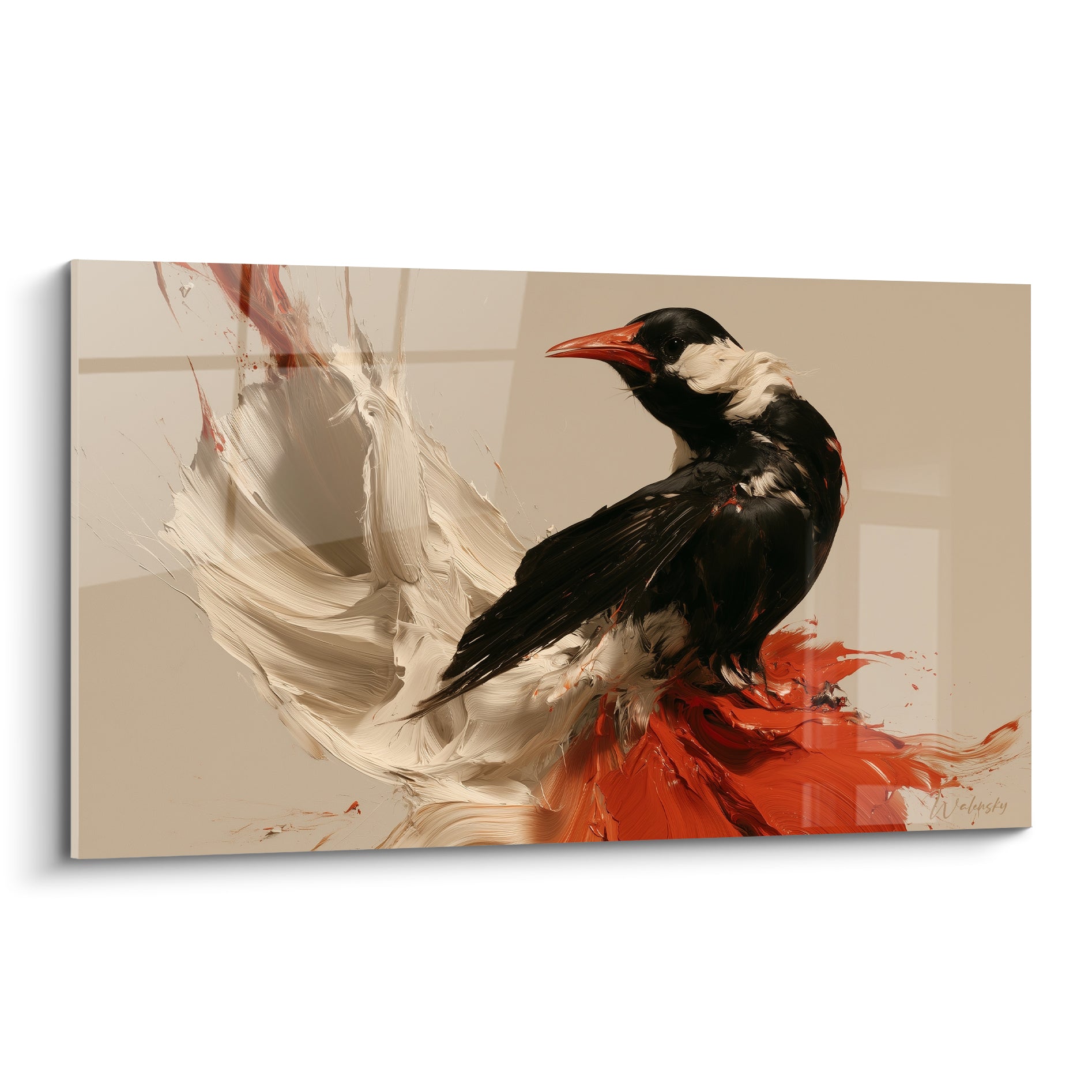 Oiseau noir au bec orange, queue en empâtements crème, style Peinture abstrait sur fond beige