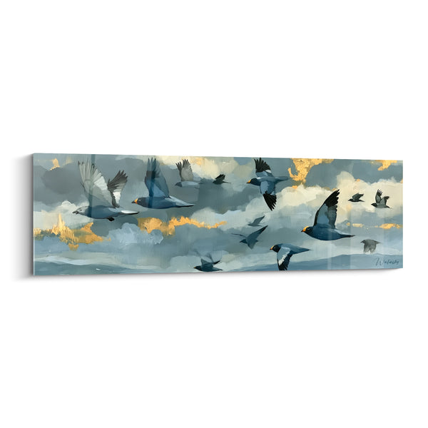 Tableau Oiseaux bleus et dorés en envol - Envol vers le large - Edition style Peinture abstrait