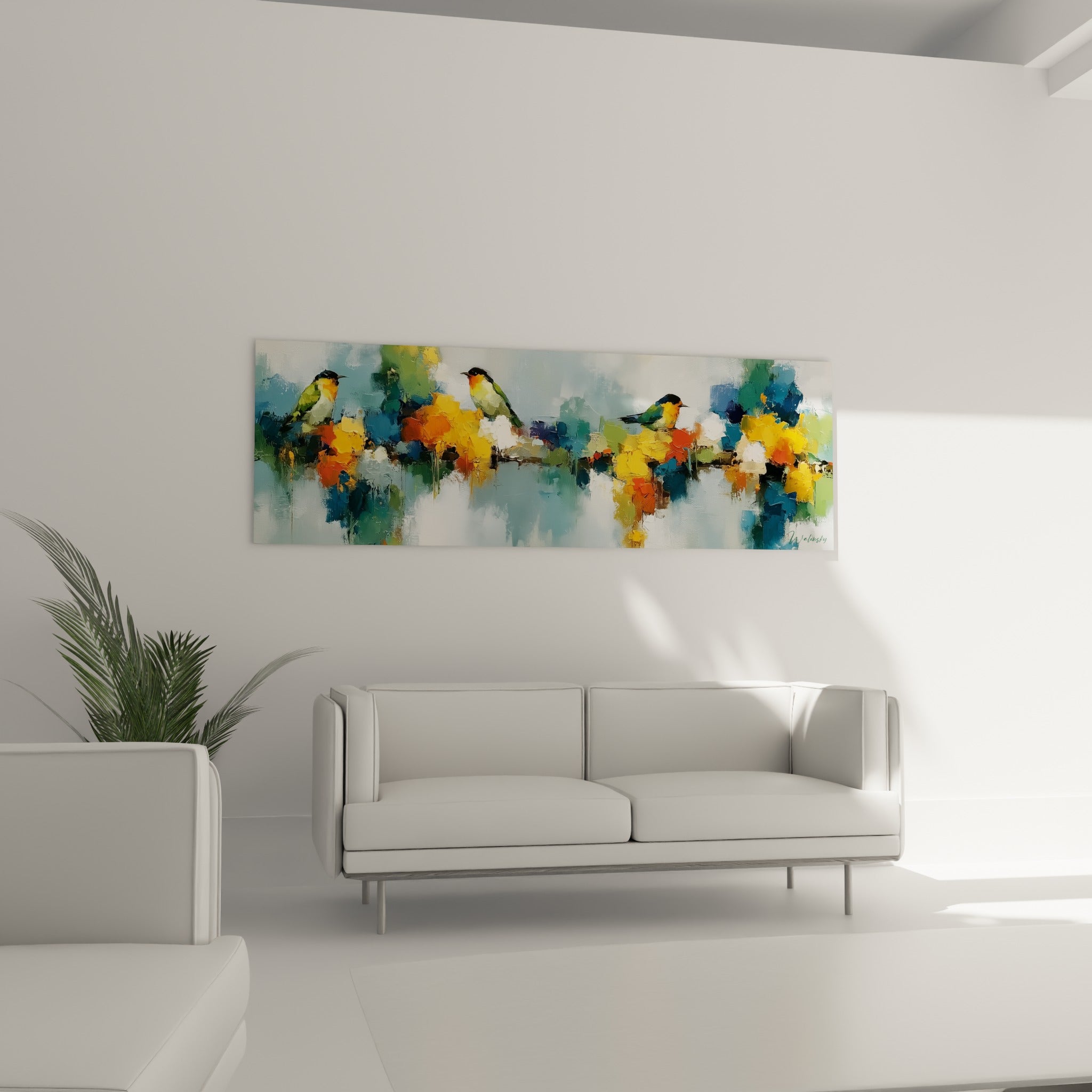 Silhouettes d'oiseaux verts et touches dorées du style Peinture abstrait, au-dessus d'un canapé dans un salon lumineux