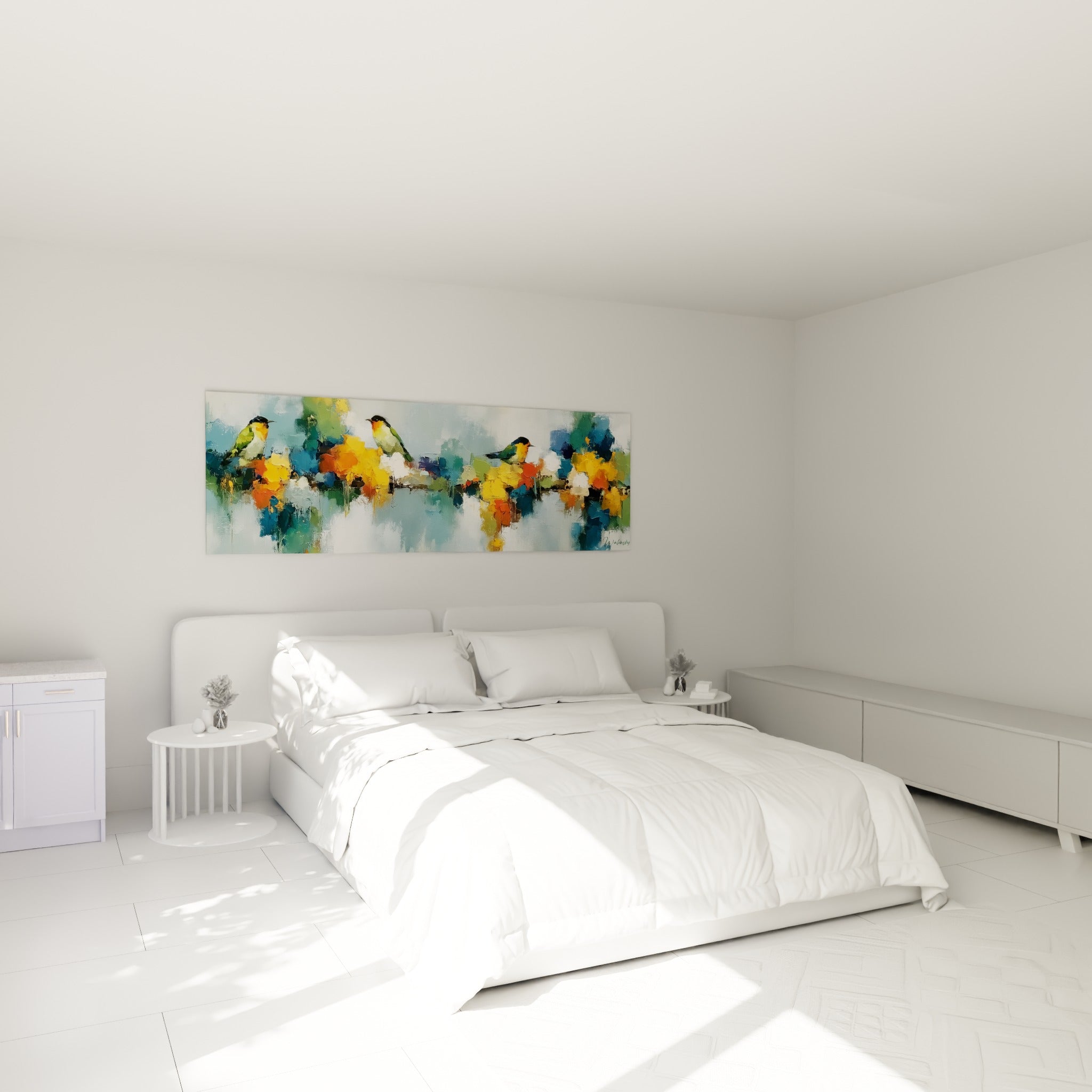 Oiseaux verts et fleurs ocre du style Peinture abstrait, au-dessus d'un lit dans une chambre claire