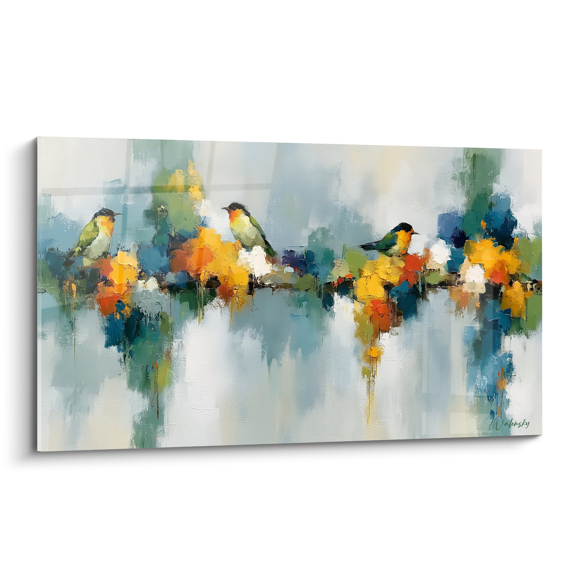 Trois oiseaux verts perchés sur fond bleu pastel et ocre, style peinture abstrait aux empâtements texturés