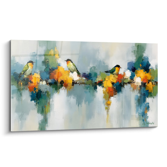 Trois oiseaux verts perchés sur fond bleu pastel et ocre, style peinture abstrait aux empâtements texturés