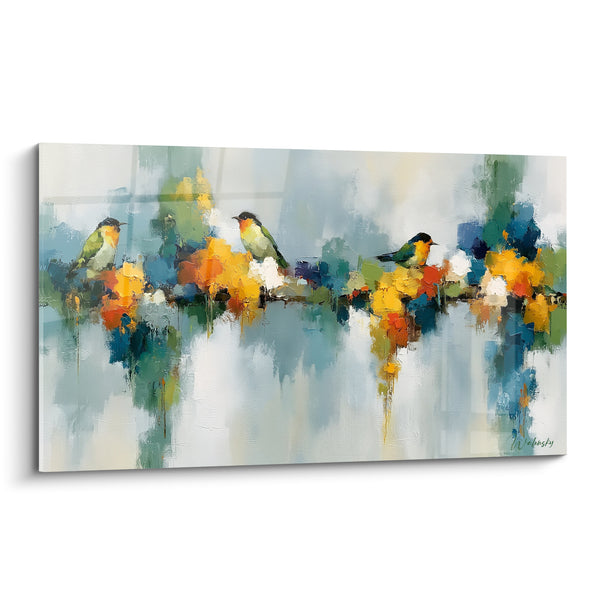 Tableau Oiseaux perchés touches ocre et bleu pastel - Halte printanière - Edition style Peinture abstrait