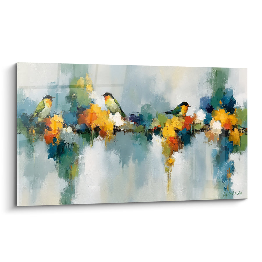 Tableau Oiseaux perchés touches ocre et bleu pastel - Halte printanière - Edition style Peinture abstrait