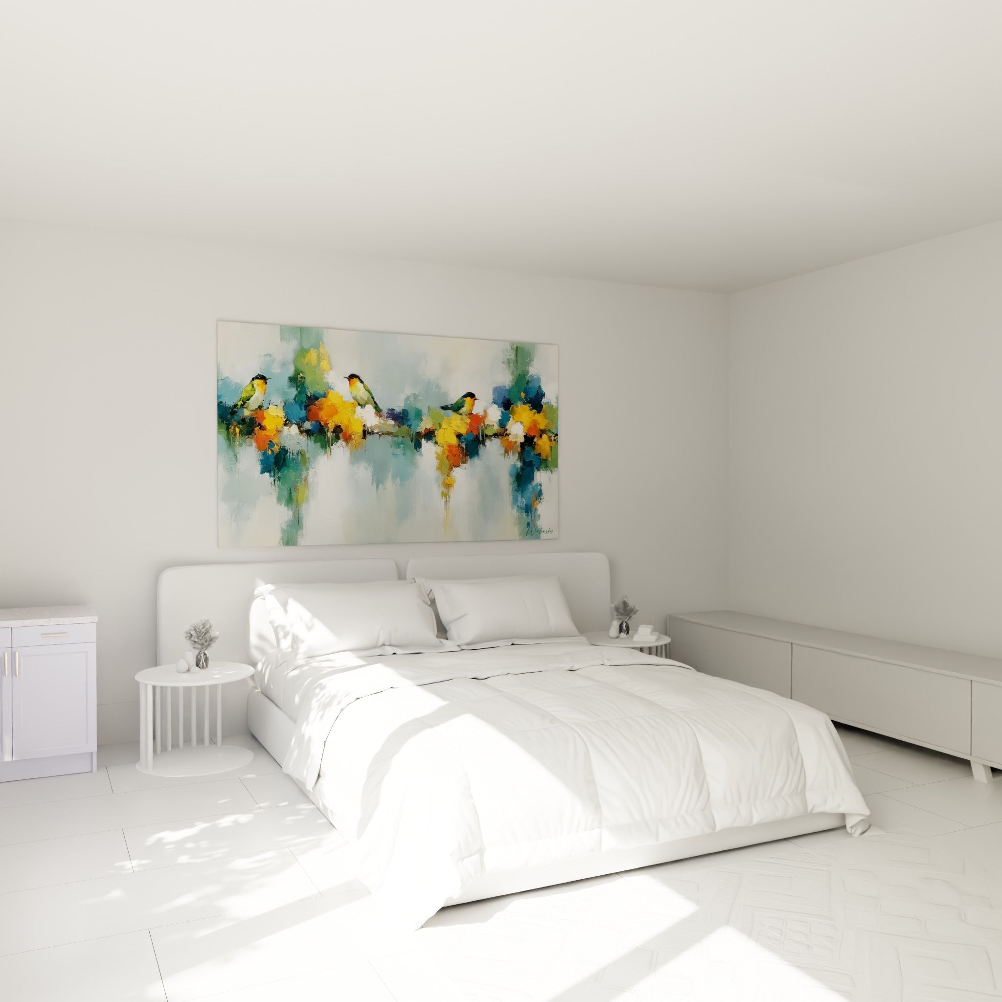 Oiseaux aux teintes ocre et vert posés en ligne, tableau accroché au-dessus d'un lit dans une chambre claire