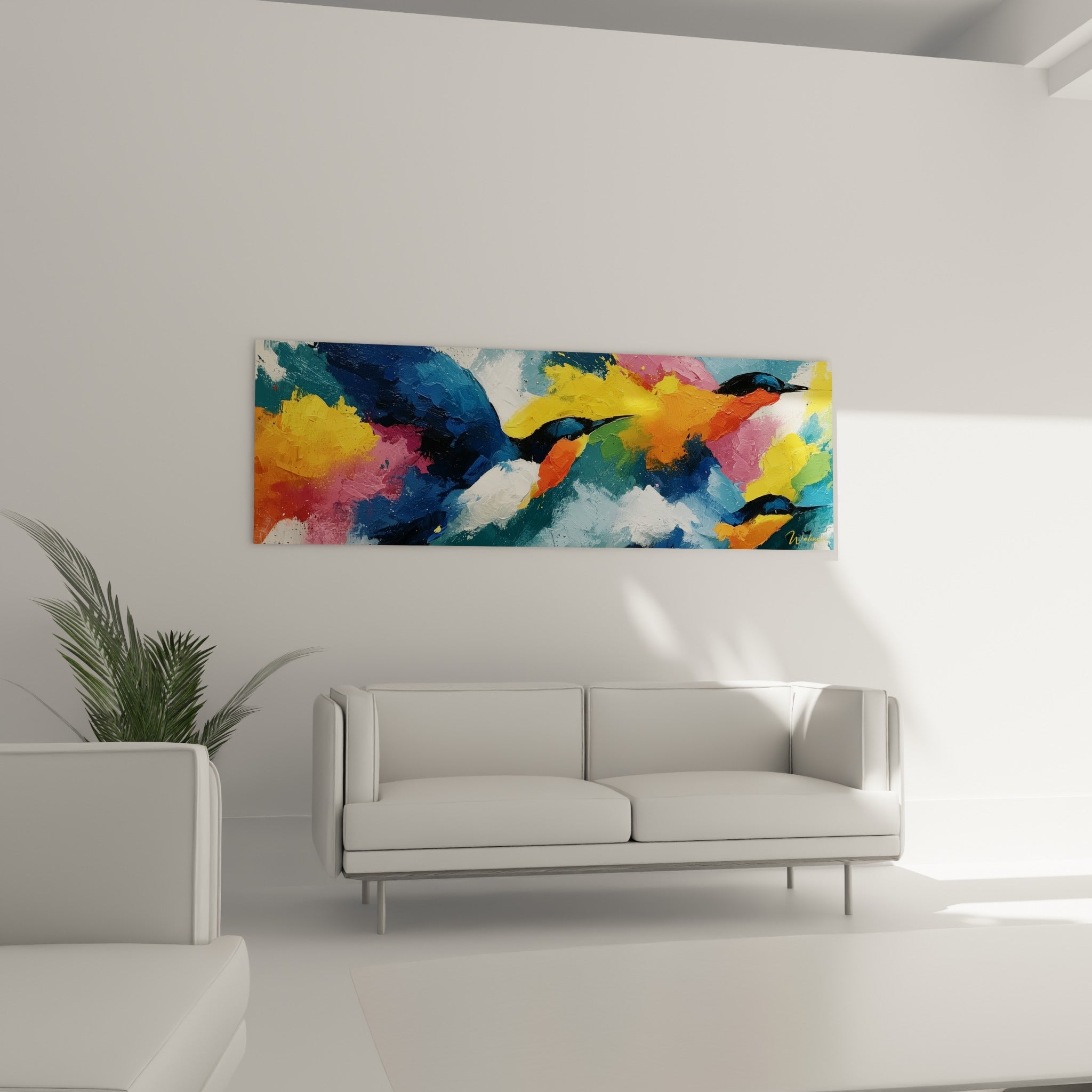 Envol coloré jaune et rose, style Peinture abstrait au-dessus d'un canapé dans un salon lumineux