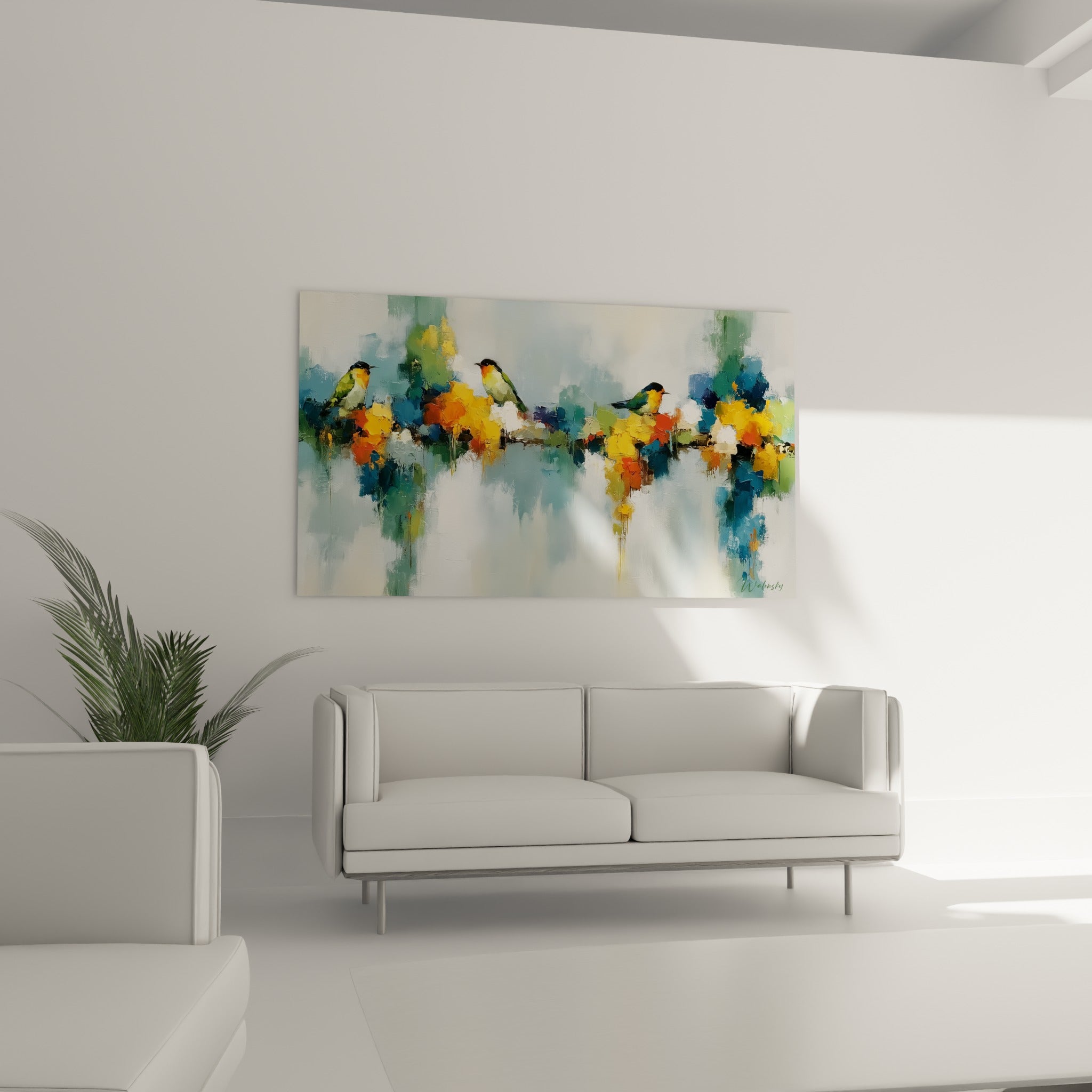 Silhouettes d'oiseaux sur fond bleu et terracotta, œuvre accrochée au-dessus d'un canapé dans un salon lumineux