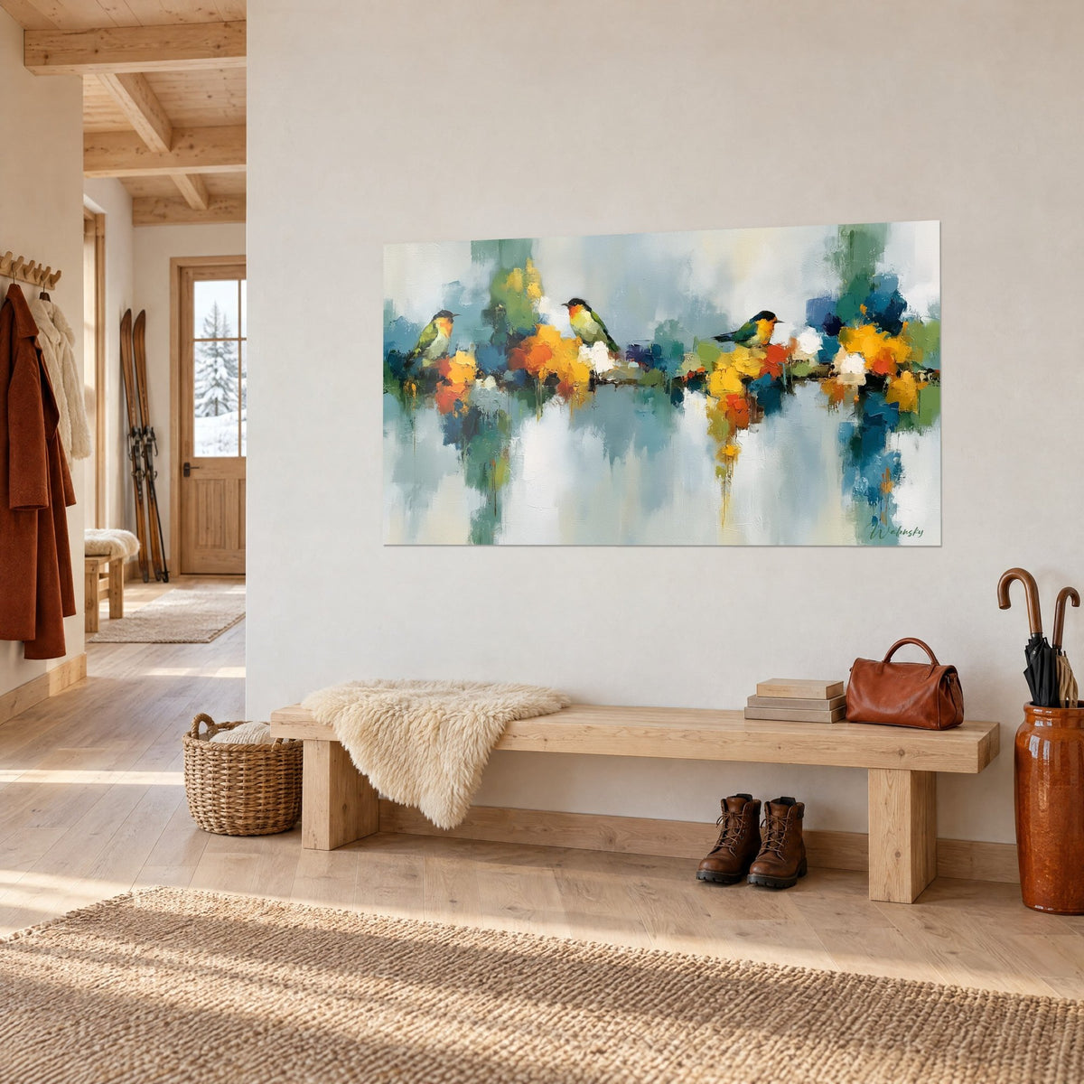 Schilderij op een rij zingvogels, olijfgroen en saffraangeel verenkleed, oker- en turquoise bloemen, boven een houten bankje in een chalet