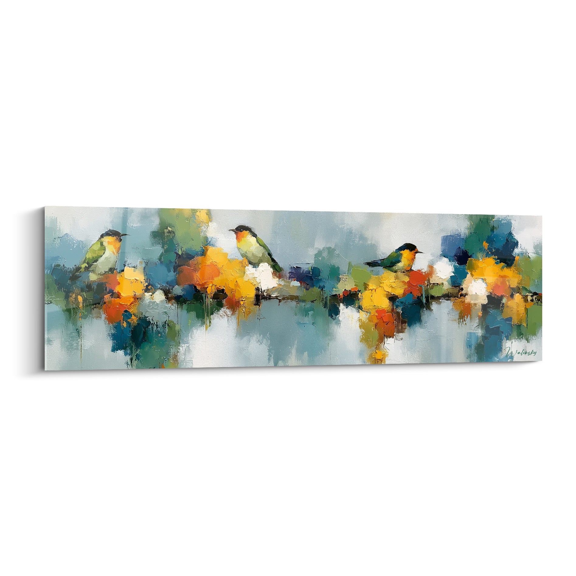 Tableau style Peinture abstrait : oiseaux verts perchés sur branche fleurie ocre et bleu pastel