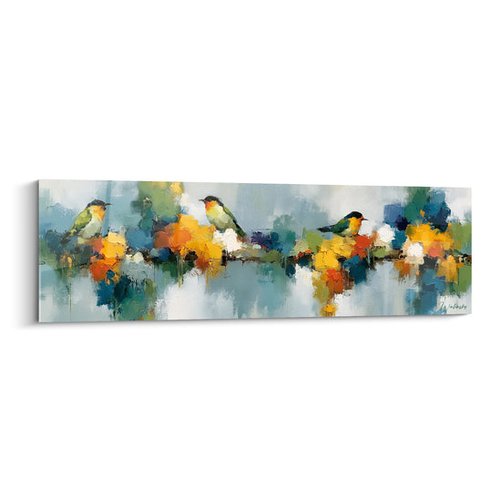 Tableau style Peinture abstrait : oiseaux verts perchés sur branche fleurie ocre et bleu pastel