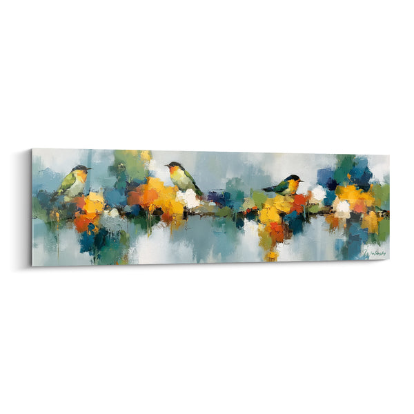 Tableau Oiseaux verts posés sur branche fleurie - Halte matinale - Edition style Peinture abstrait