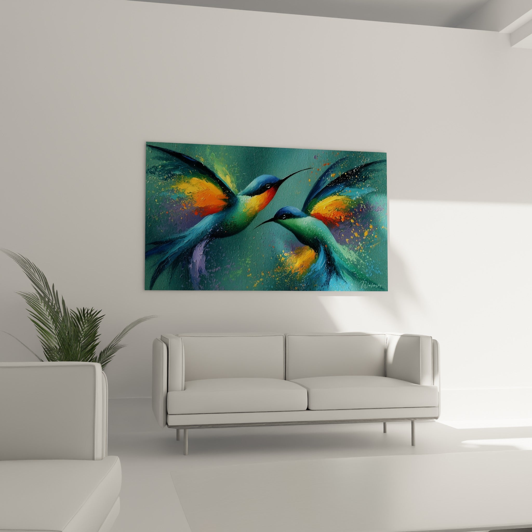 Couple de colibris verts et orangés capturés en plein mouvement, au-dessus d'un canapé dans un salon lumineux