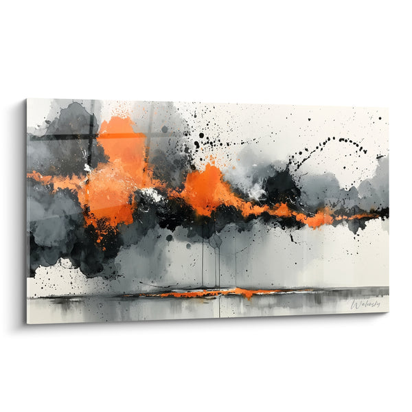 Tableau Éclaboussures orange et anthracite sur horizon - Fracas silencieux - Edition style Peinture abstrait