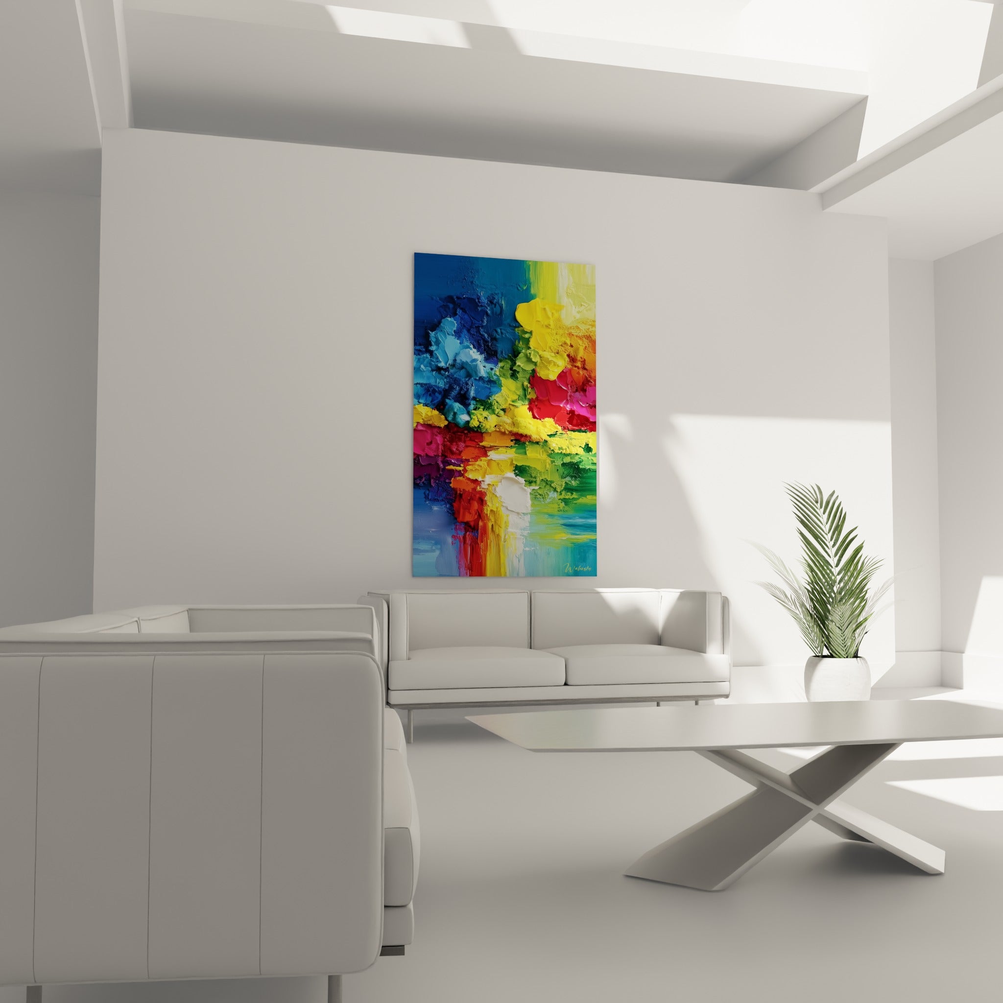 Matière colorée bleu et orange de ce tableau abstrait au-dessus d'un canapé dans un salon lumineux
