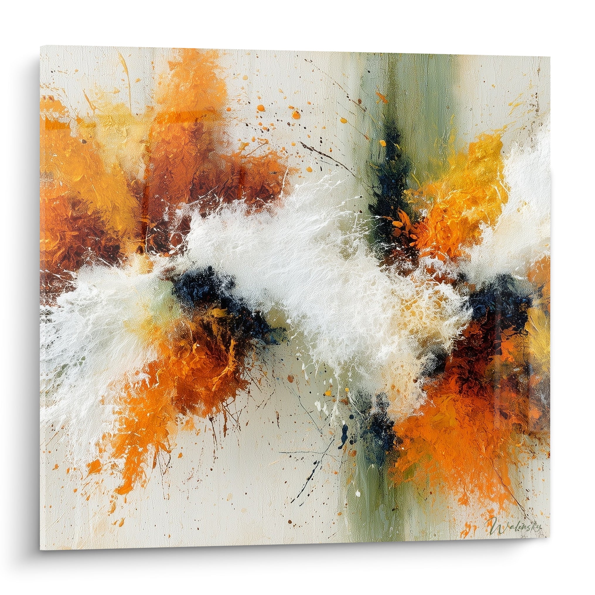Éclaboussures orange, blanc et anthracite en diagonale sur ce tableau style Peinture abstrait texturé