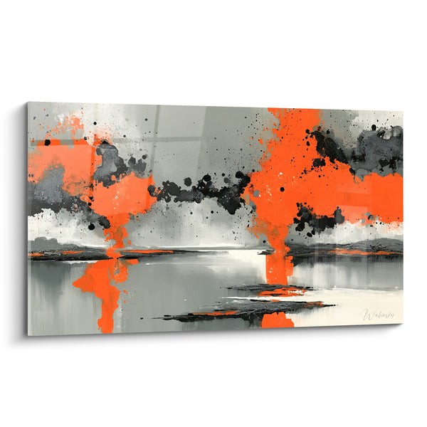Tableau Étang gris aux coulées orange verticales - Reflets sur eau calme - Edition style Peinture abstrait