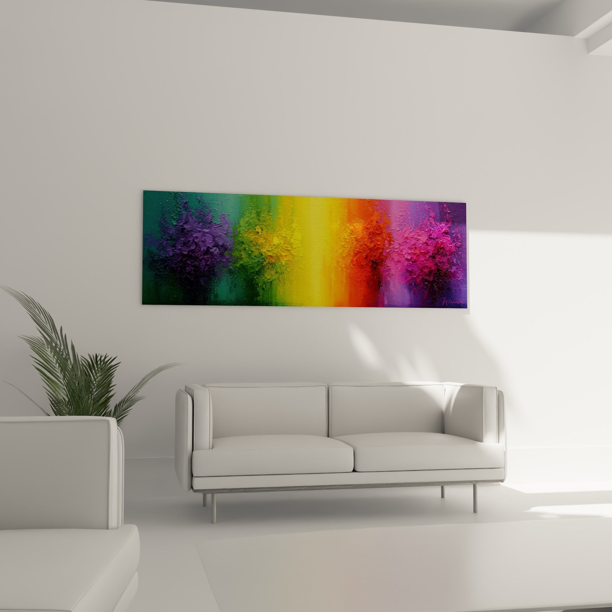Explosion de teintes orange et fuchsia de ce tableau style Peinture abstrait au-dessus d'un canapé dans un salon lumineux