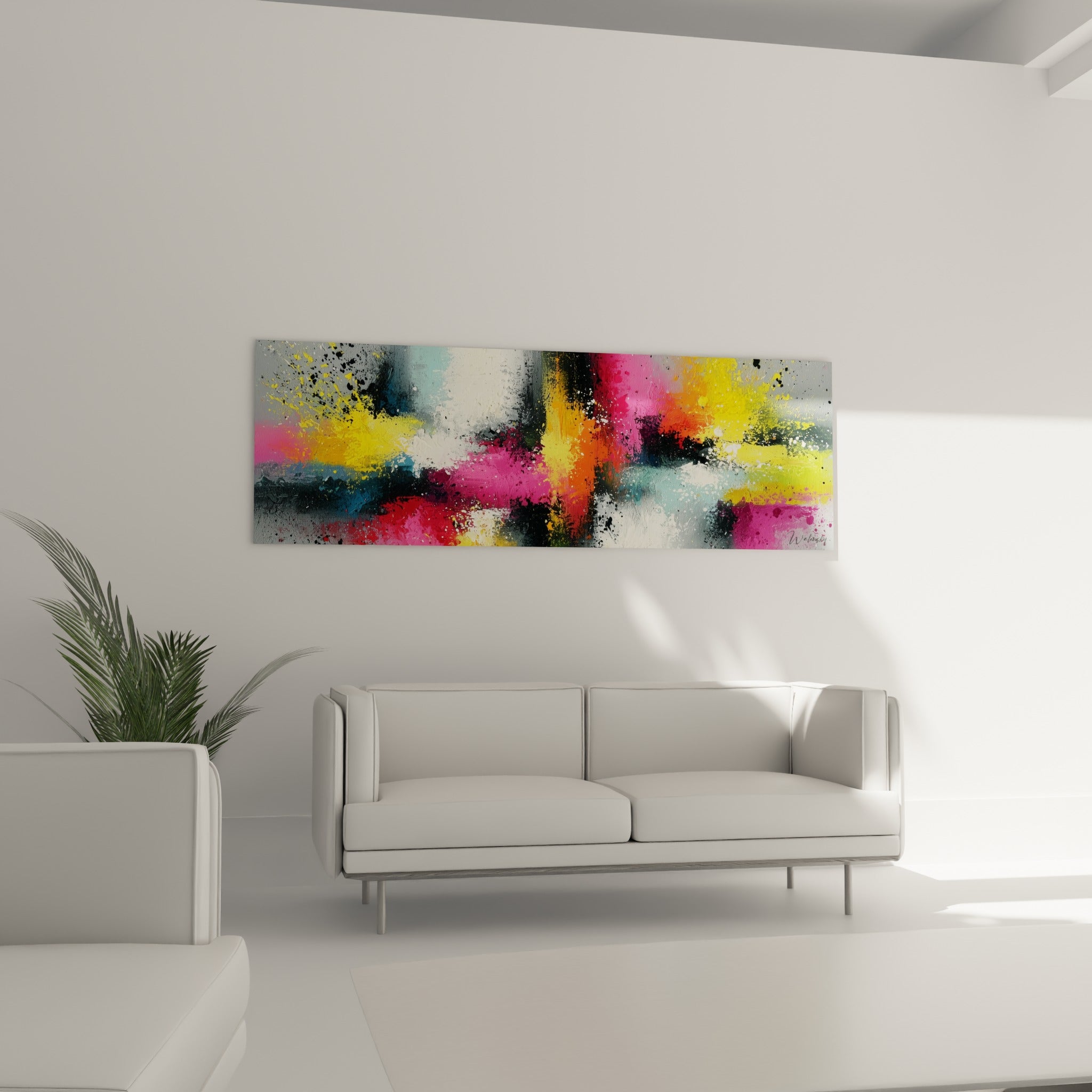Coulées orange et fuchsia de ce tableau abstrait au-dessus d'un canapé dans un salon lumineux