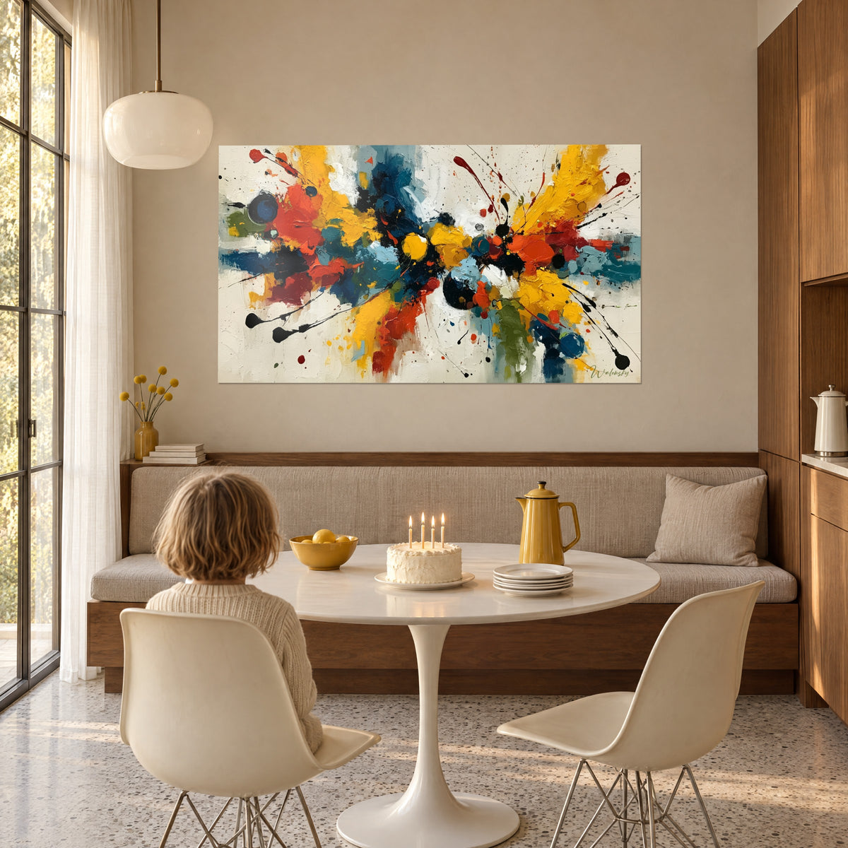 Tableau jaillissement de taches bleu canard et orange vif, gouttes noires, enfant de dos près d'un gâteau d'anniversaire