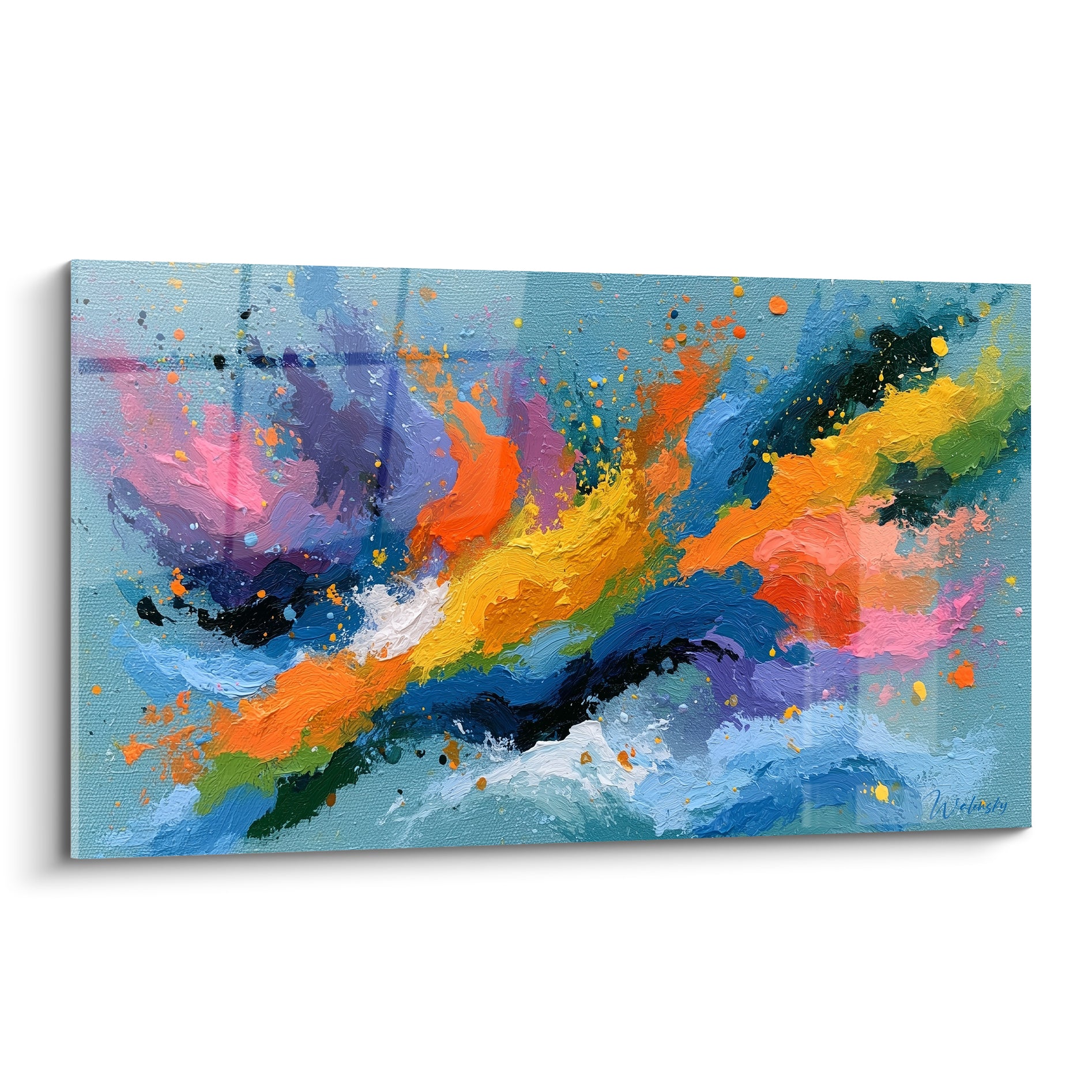 Diagonale orange et turquoise en style Peinture abstrait avec empâtements bleu marine et jaune vif