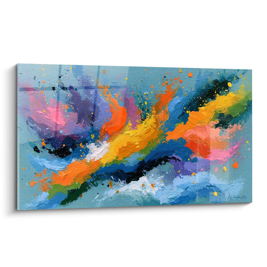 Diagonale orange et turquoise en style Peinture abstrait avec empâtements bleu marine et jaune vif