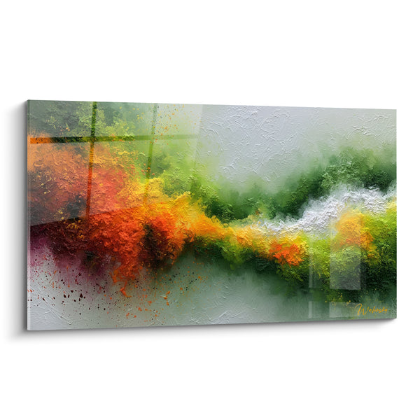 Tableau Coulée végétale verte et orange en fusion - Traînée poudreuse blanche - Edition style Peinture abstrait