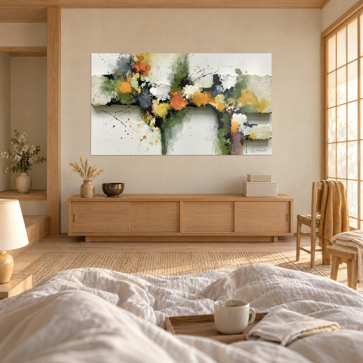 Tableau peinture abstraite en relief, taches orange brûlé et vert olive sur fond blanc, personne de dos, au-dessus d'un lit dans une chambre claire