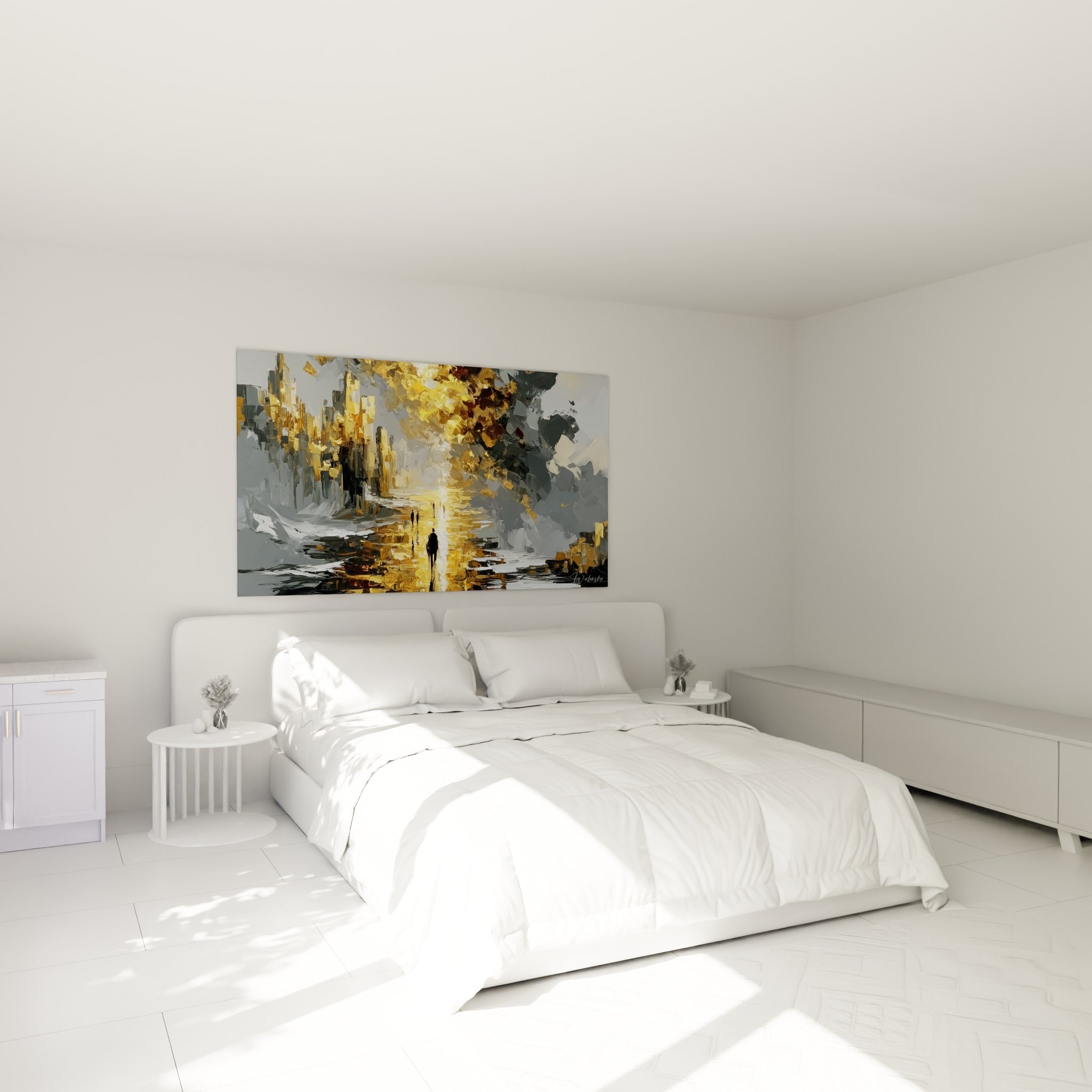 Passant solitaire sur fond doré et gris, tableau style peinture abstrait au-dessus d'un lit dans une chambre claire
