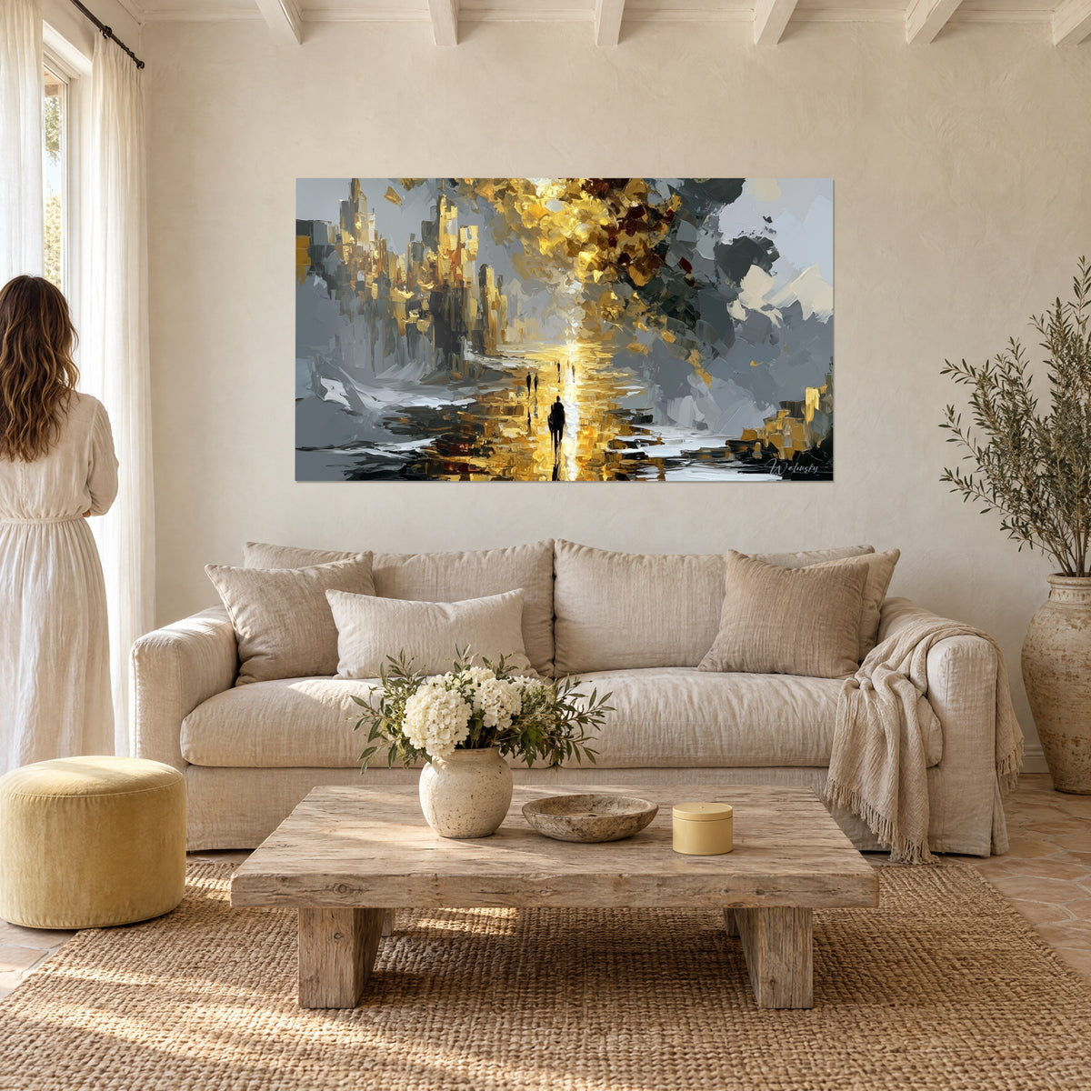 Wall art golden city melting into grey mist, black silhouette on amber reflections, above a sofa in a bright living room
