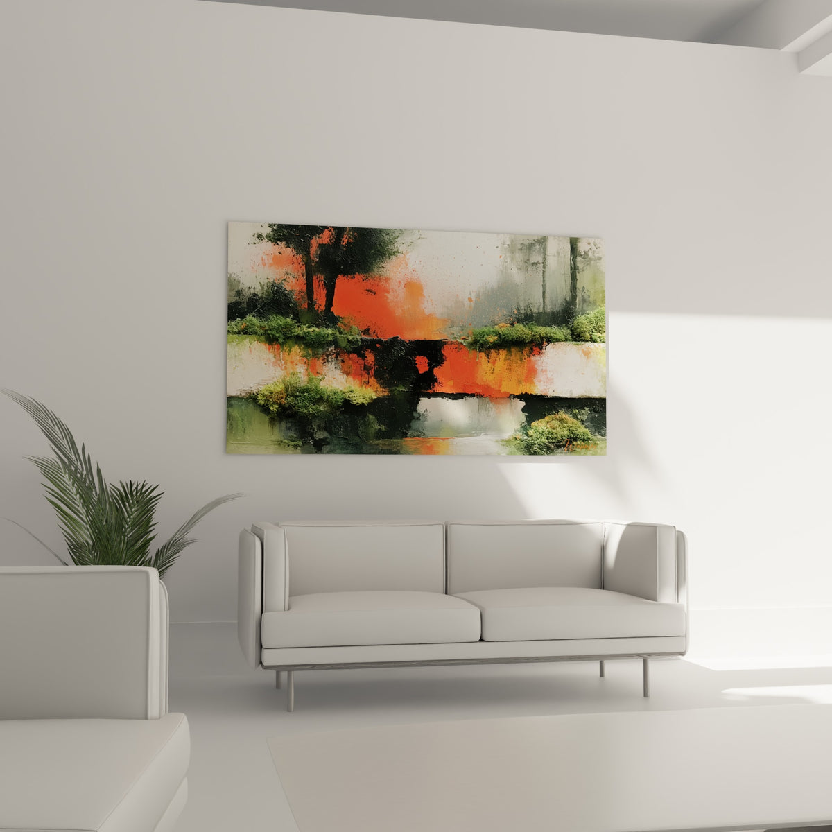 Composition orange et anthracite style Peinture abstrait accrochée au-dessus d'un canapé dans un salon lumineux