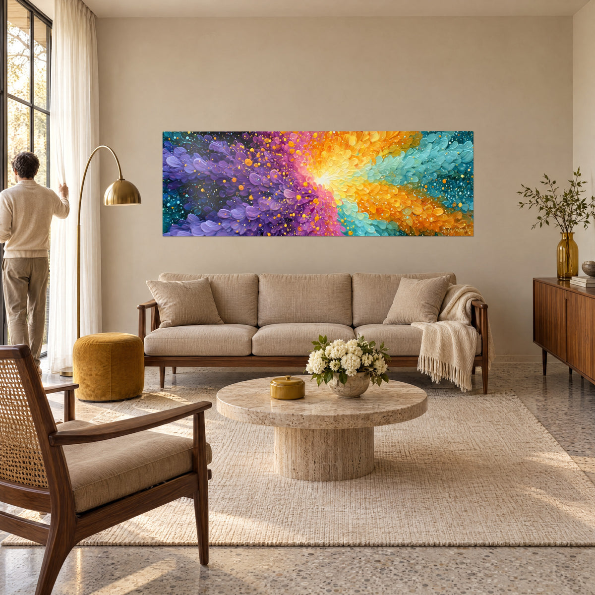 Tableau nébuleuse violette et turquoise en éclosion, cœur jaune lumineux, pétales orange, au-dessus d'un canapé dans un salon lumineux