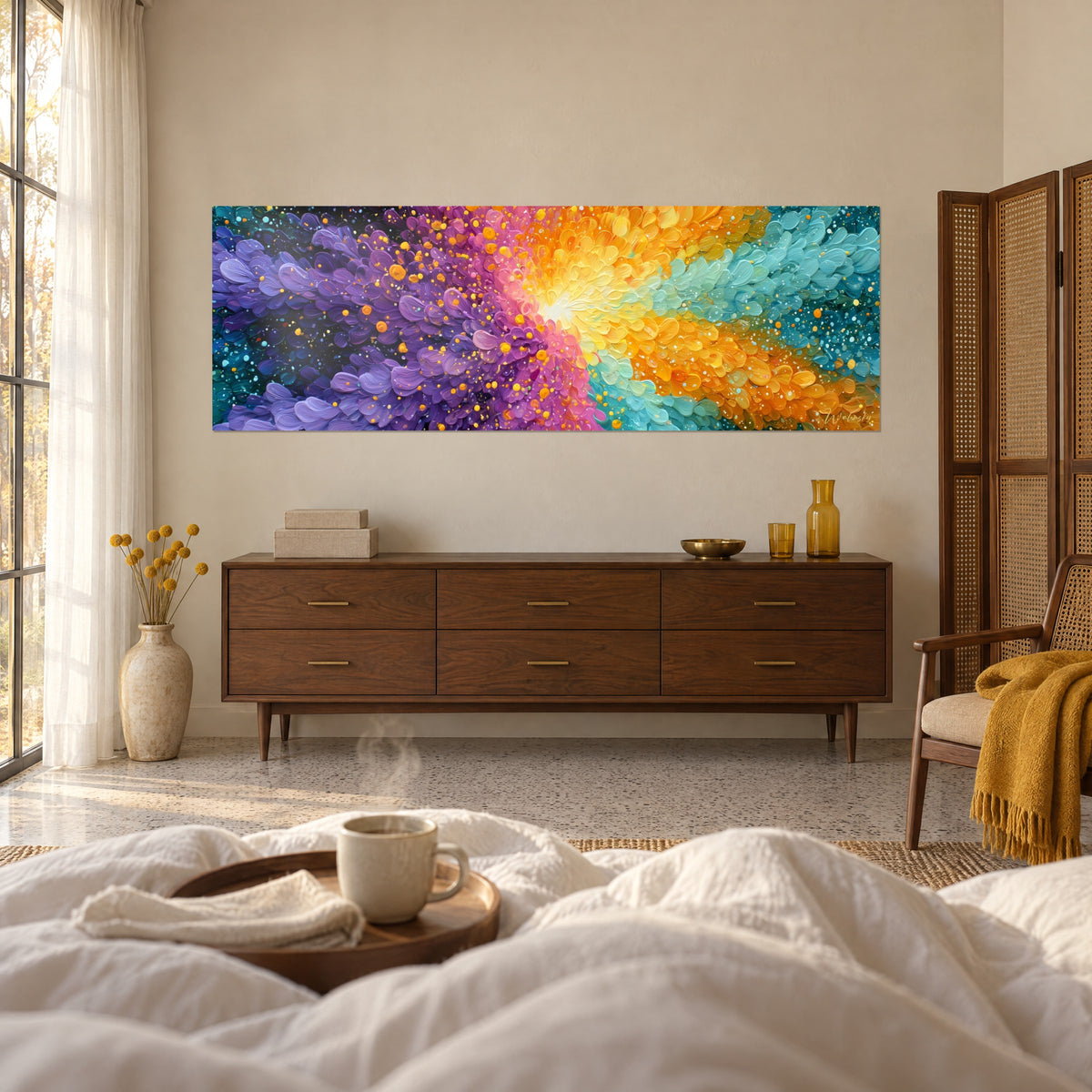 Tableau fleur cosmique aux pétales violets et turquoise, centre jaune éclatant, au-dessus d'un lit dans une chambre claire