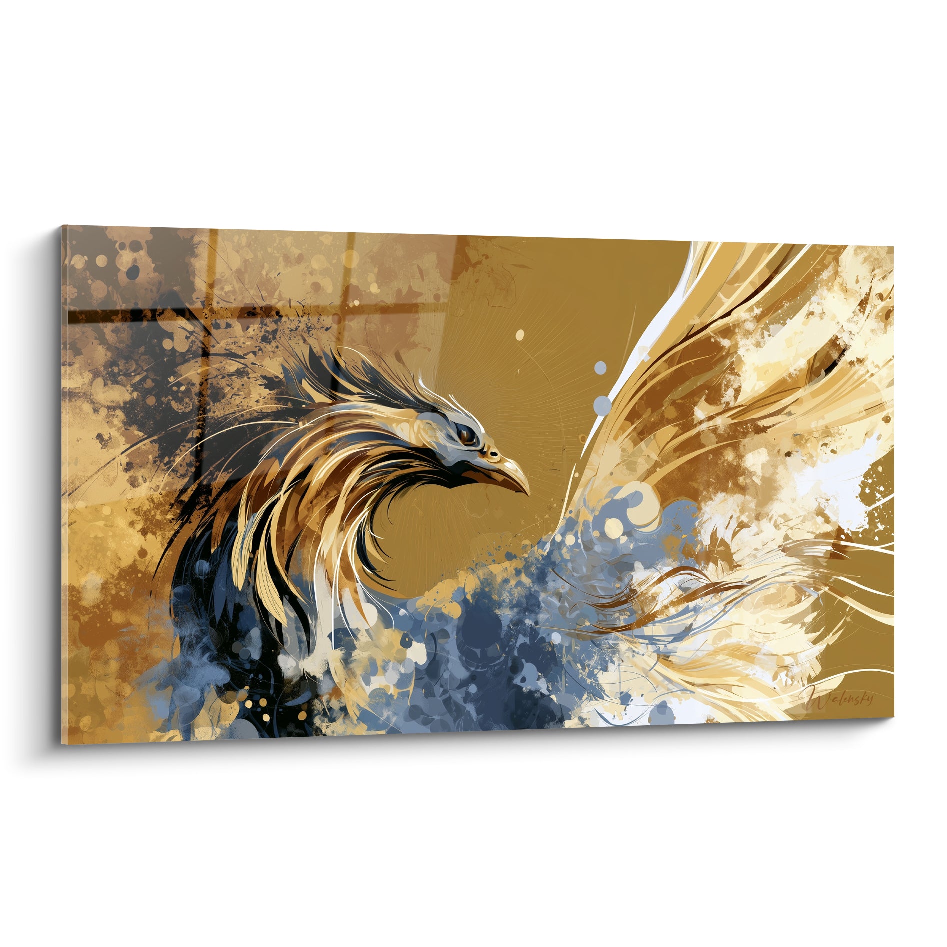 Phénix doré et bleu marine déployant ses ailes flamboyantes, style Peinture abstrait sur toile lumineuse