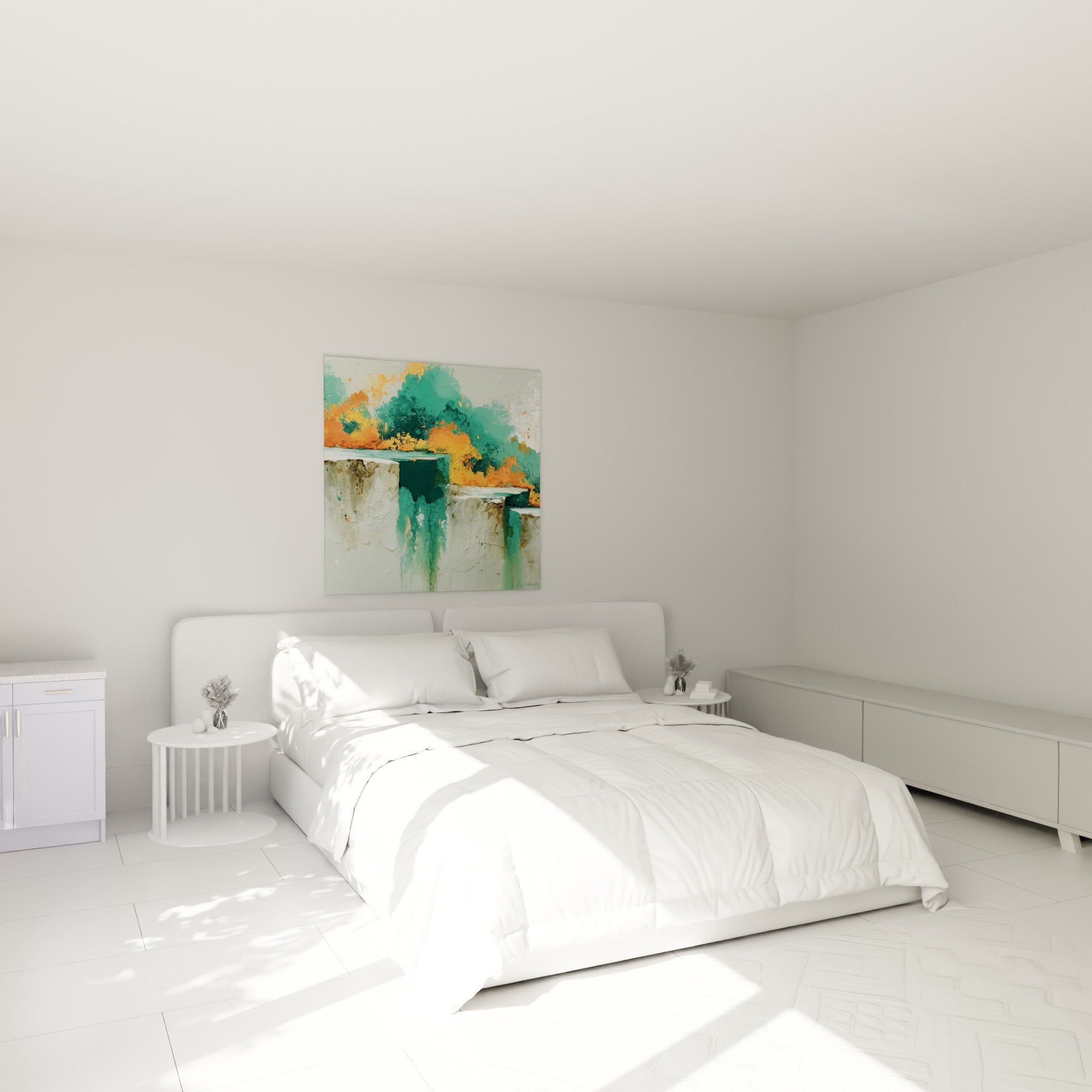 Pierre blanche et flammes orangées du style Peinture abstrait, accrochées au-dessus d'un lit dans une chambre claire