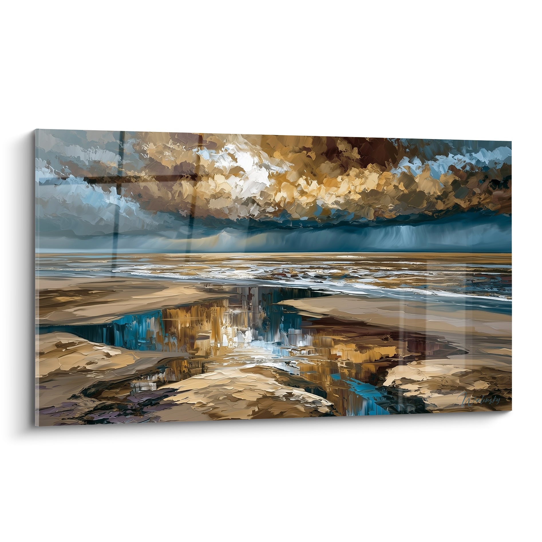 Plage dorée sous ciel orageux, contraste ocre et bleu ardoise, style Peinture abstrait en pleine lumière